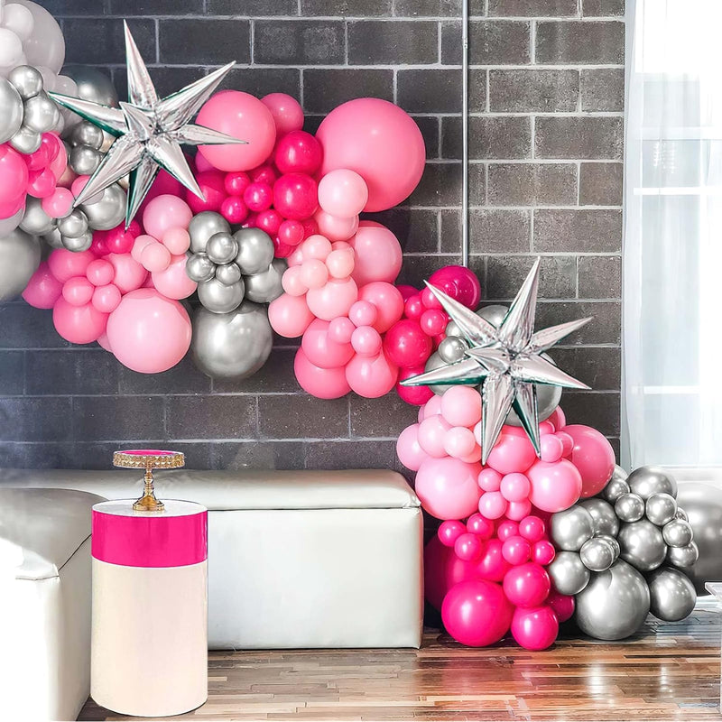 Hot Pink Silver Balloon Garland Arch Kit 160Pcs Pastel Pink And Silver