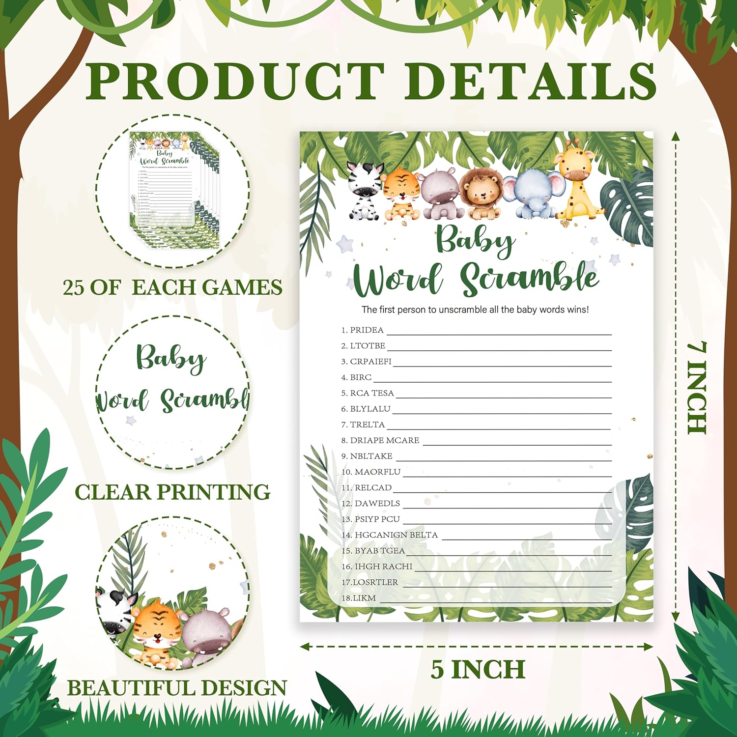 Safari Animals Baby Shower Games Cards, Baby Word Scramble Game Cards For New Parents Babyshower Activity, Wildlife Gender Reveal Party Games For Decorations Favors Supplies, Set Of 25-04