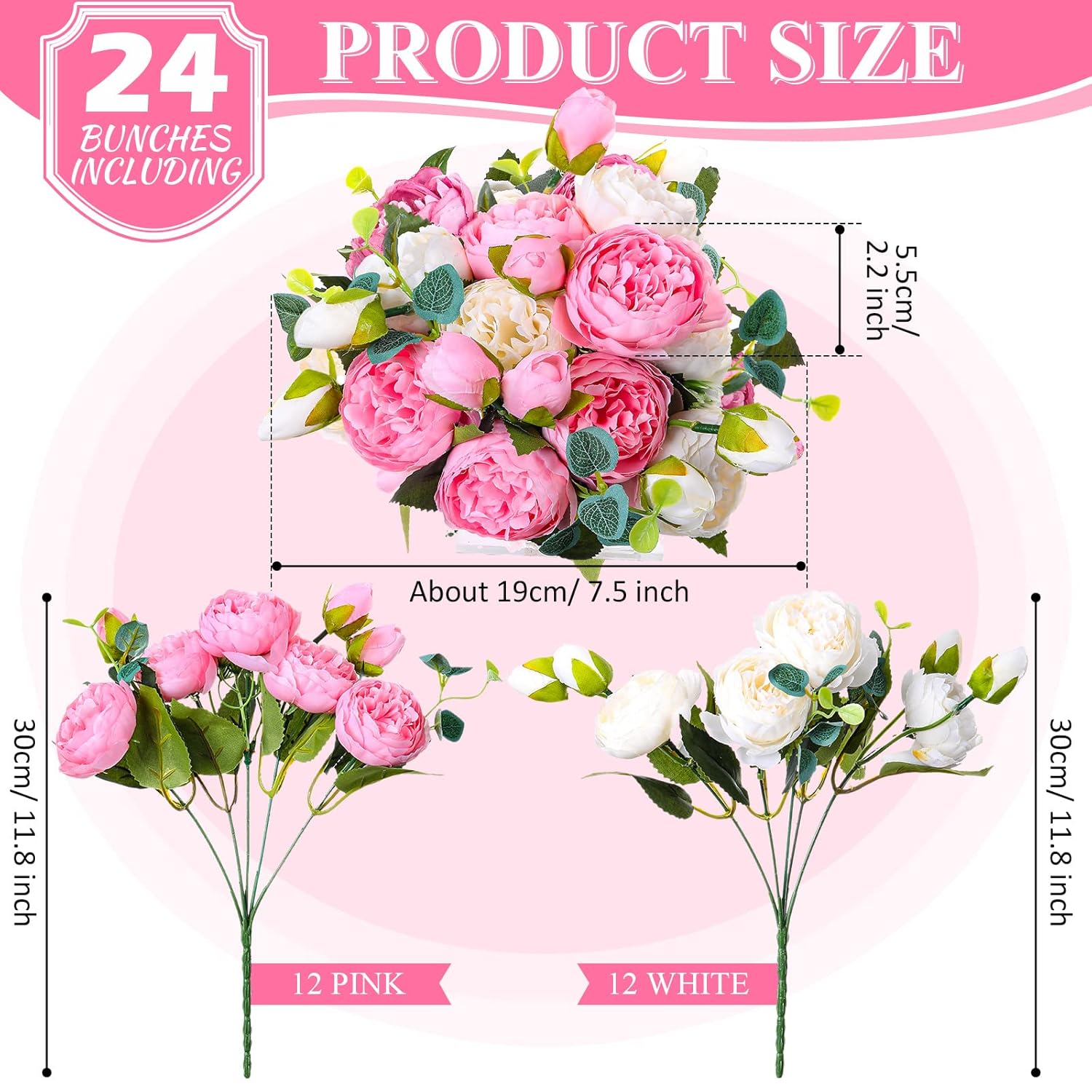 24 Bundles Artificial Peonies Flowers Wedding Faux Flowers Silk Peony Bouquet Bulk Bride Fake Florals Arrangements For Table Centerpieces Wedding ?Party Vase Decor (Light Pink, White)