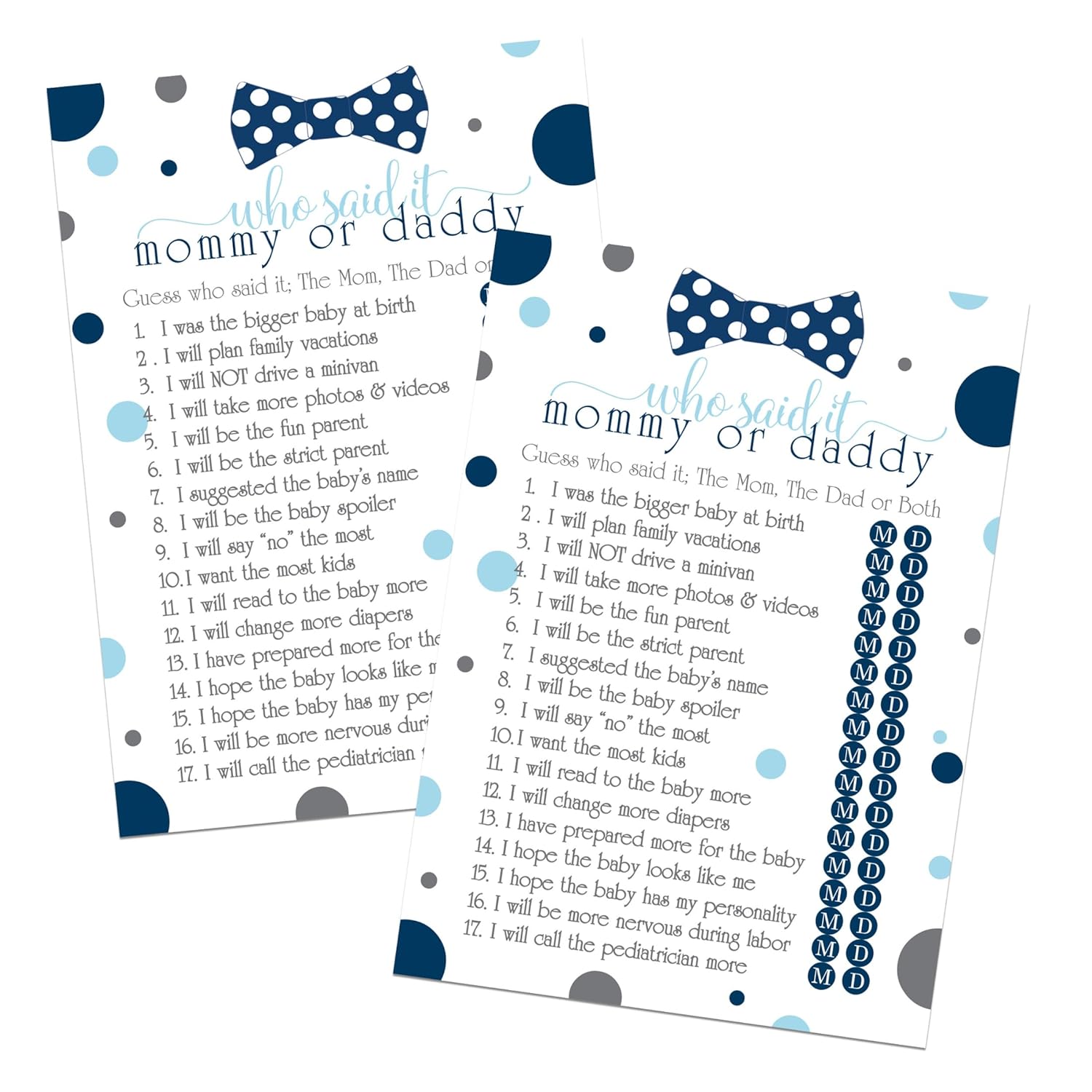 Blue Baby Shower Games For Boys - 25 Guess Who Mommy Or Daddy Game Cards - Fun Prize Guessing Activities For Guests - Navy And Grey Little Man Bowtie Theme