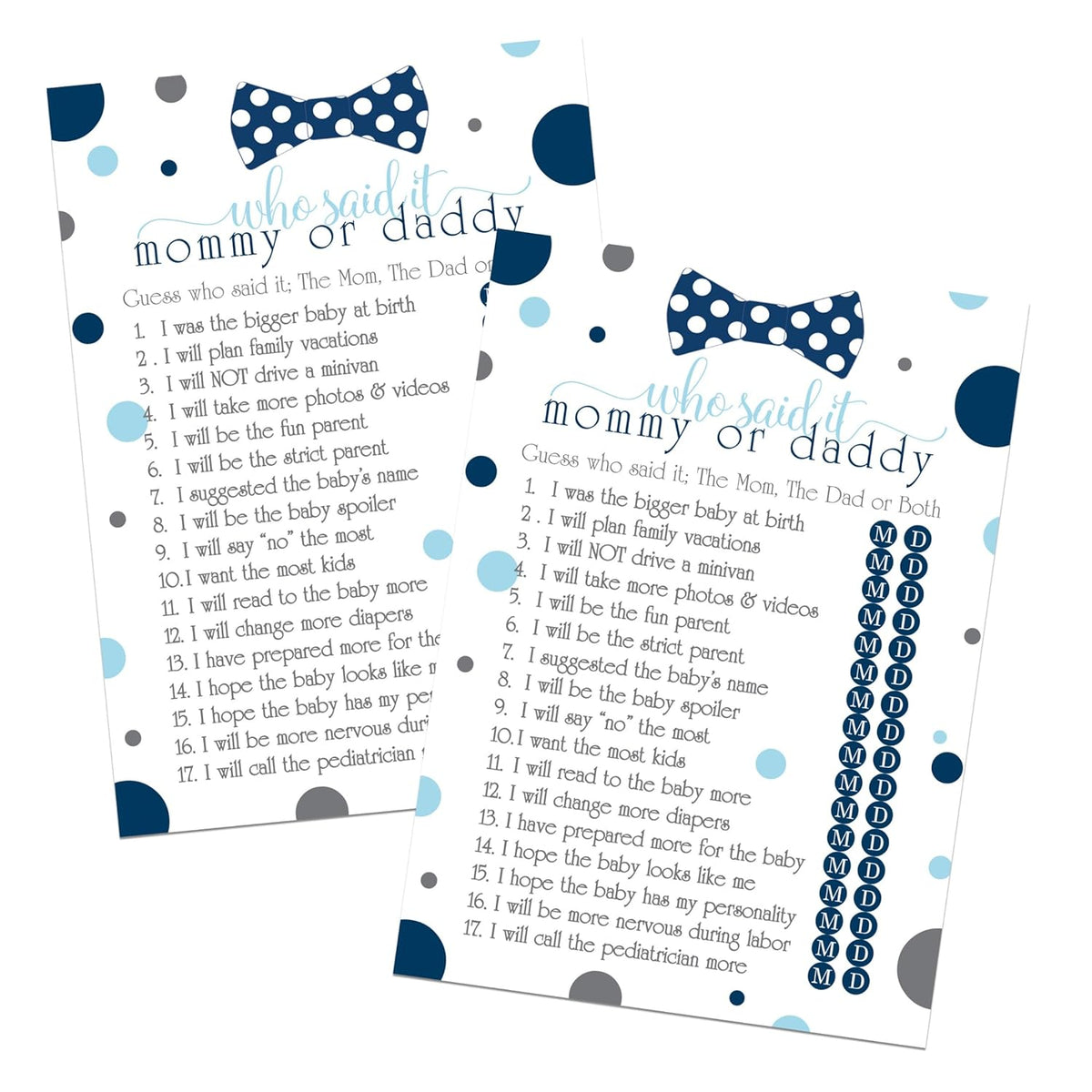 Blue Baby Shower Games For Boys - 25 Guess Who Mommy Or Daddy Game Cards - Fun Prize Guessing Activities For Guests - Navy And Grey Little Man Bowtie Theme
