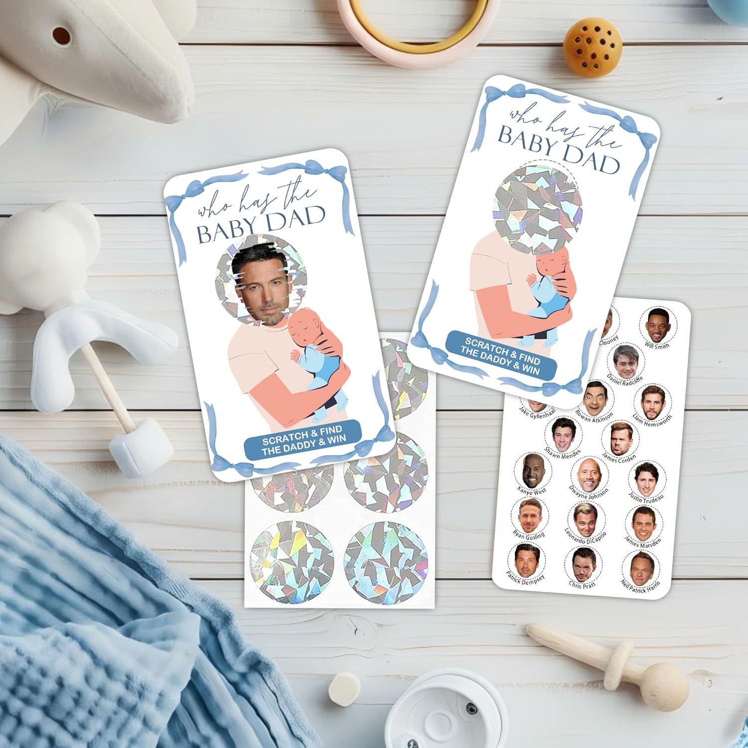 41 Sheet Blue Bow Baby Shower Scratch Off Game, Who Has The Dad-To-Be Scratch Off, 3.5 X 2.1 In Funny Baby Shower Games Ideas For Party Guests - Gender Reveal Party Decor-Mt07