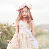 Flower Girl Sash - Cute White & Gold Girls Sash For Wedding | Fits Ages 1 To 10 Years Old | Bridal Shower Party Proposal Bridesmaids Set Decorations Supplies Favors Gifts Accessories Gift Favor Decor
