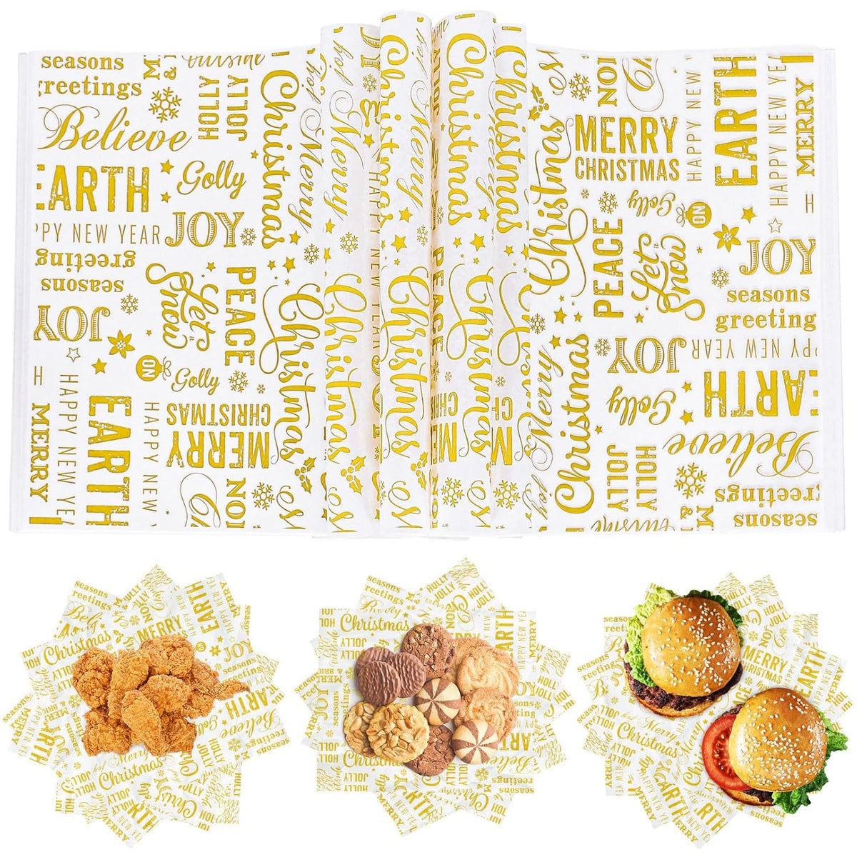 150Pcs Merry Christmas Wax Paper Gold Letters Dry Waxed Deli Sheets Waterproof Oil Proof Picnic Liners Xmas Wrap Tissue For Sandwich Fast Food Party Kitchen Supply, 8.3 X 9.8 Inch