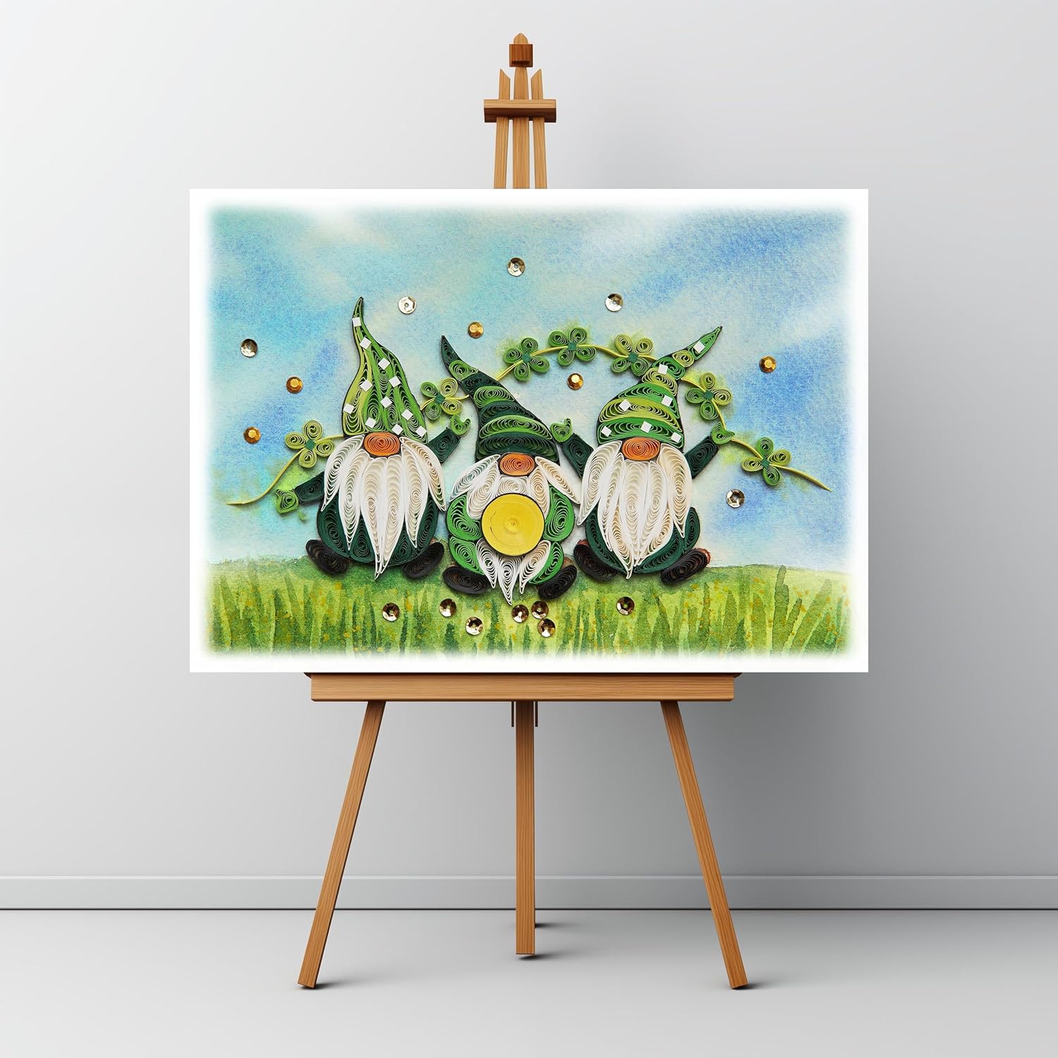 St Patrick Day'S Card, Gnomes Card, Seasonal Holiday Quilling Card, Artful Greeting Card, Clover St Patricks, Saint Patrick'S Quilled Cards For Family, Friend, Husband, Wife (Green Gnomes)