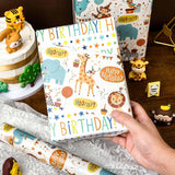 Birthday Wrapping Paper, 17 Inch X 32.8 Feet Cute Monkey Giraffe Animal Themed Balloon Happy Birthday Lettering Gift Wrap For Boy, Girl, Baby Shower, Newborn Celebration