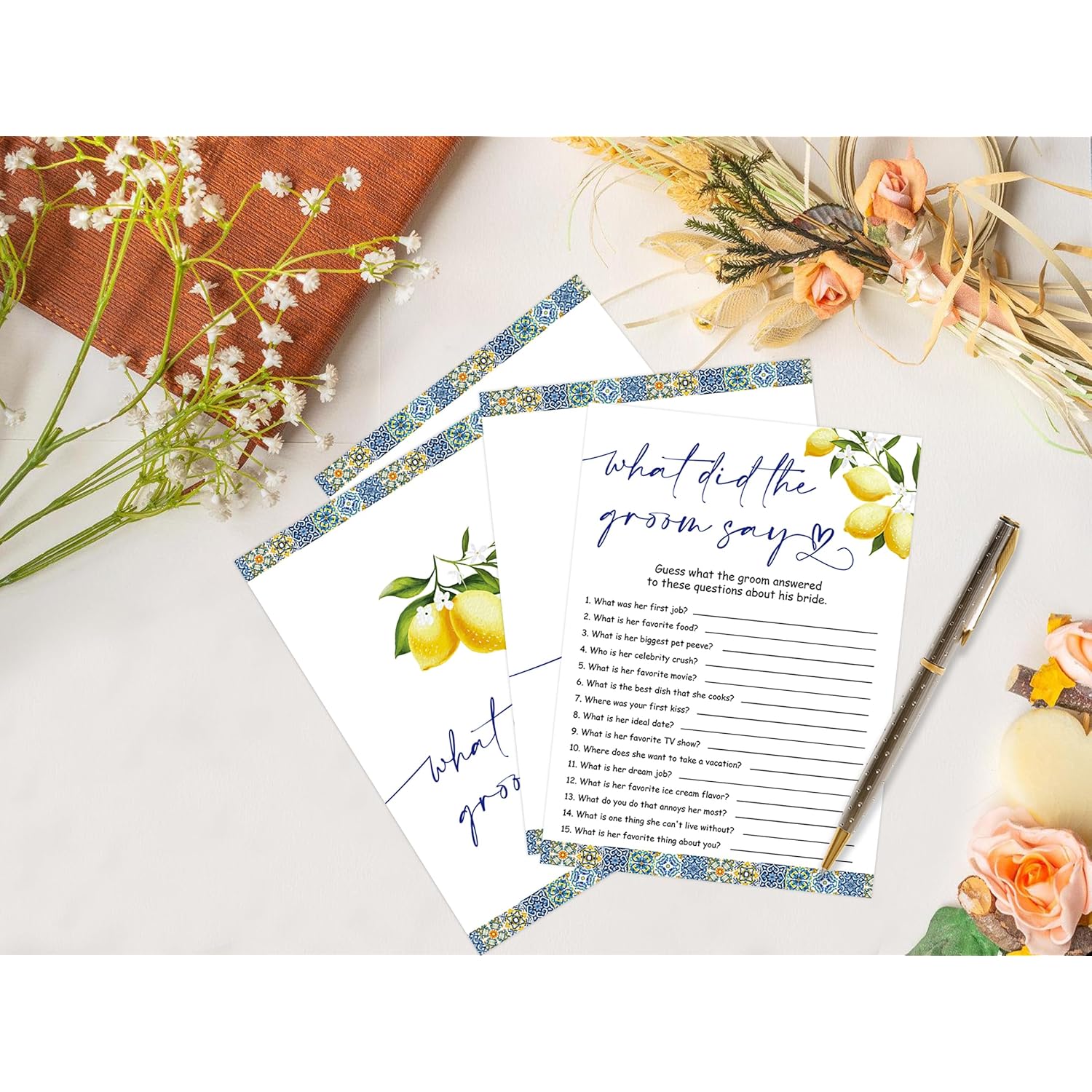 Blue Tiles And Lemons What Did The Groom Say Game For 30 Guests With Game Cards, Lemons Bridal Shower Game, Modern Bridal Shower Decorations, Wedding Shower Or Bachelorette Party Supplies - 02