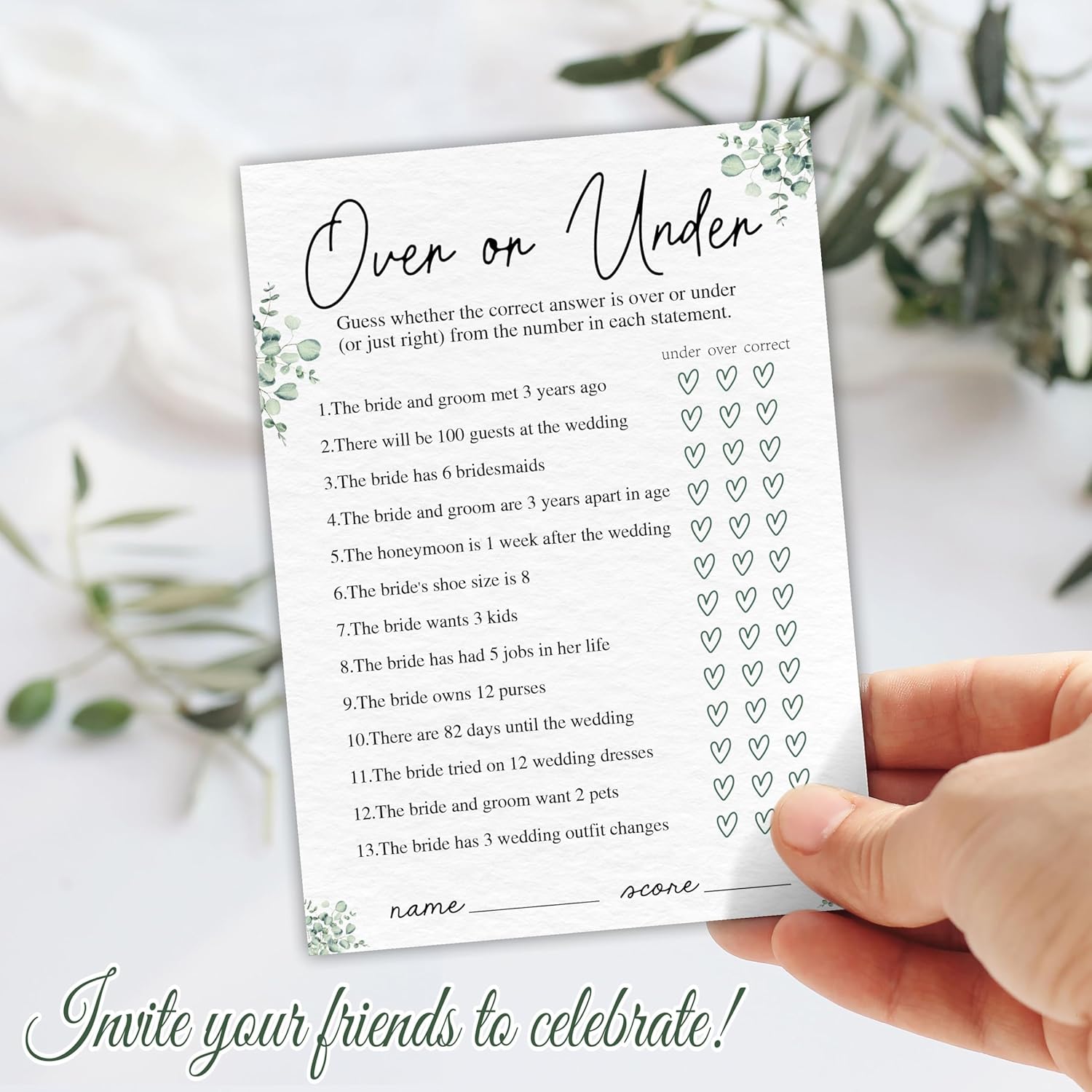 30 Bridal Shower Game Cards - Over Or Under Or Just Right - Eucalyptus Leaf Plant Themed Wedding Games, Engagement? Wedding Party Activity Games? Suitable For 30 Guests? Favors & Supplies - A04
