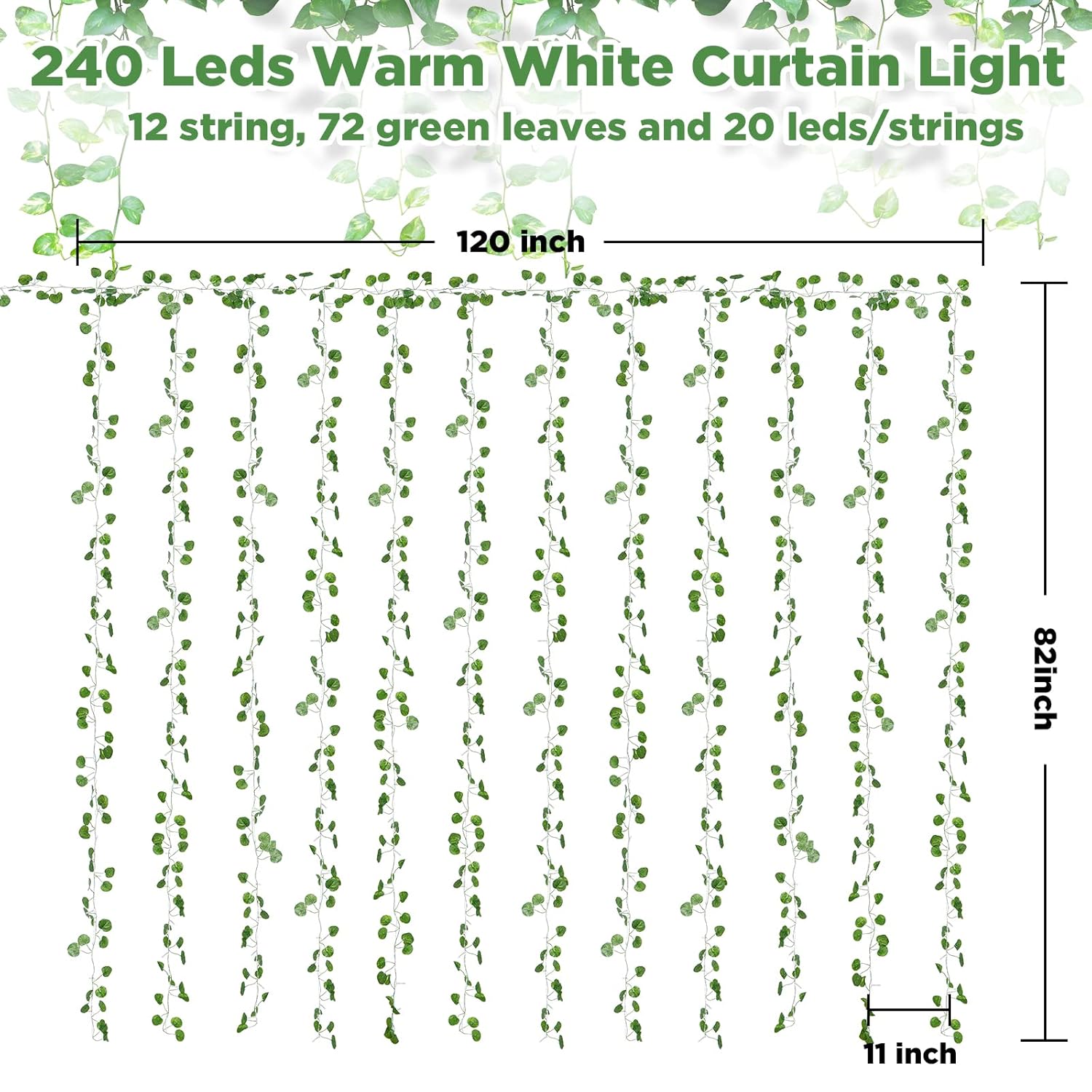 12 Pack Fake Vines Curtain String Light 240 Led 8 Mode & Timer Hanging Ivy Lights Vines For Bedroom Wall Hanging Garden Home Room Wedding Jungle Party Indoor Outdoor