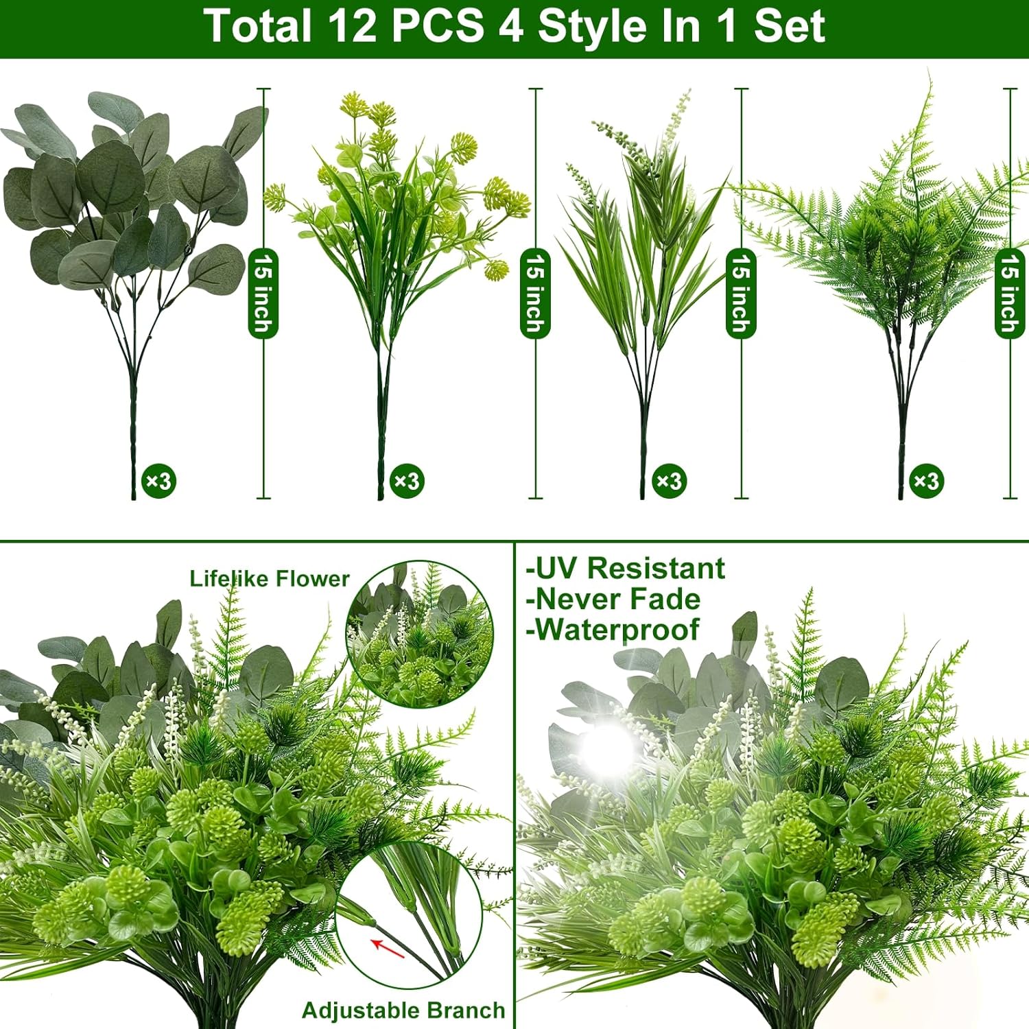 12 Bundles Artificial Plants Outdoor Uv Resistant Faux Plant Boston Fern Lavender Eucalyptus Greenery Shrubs Plastic Fake Flowers For Outside Indoor Gardens Porch Yard Planter Home Spring Summer Decor