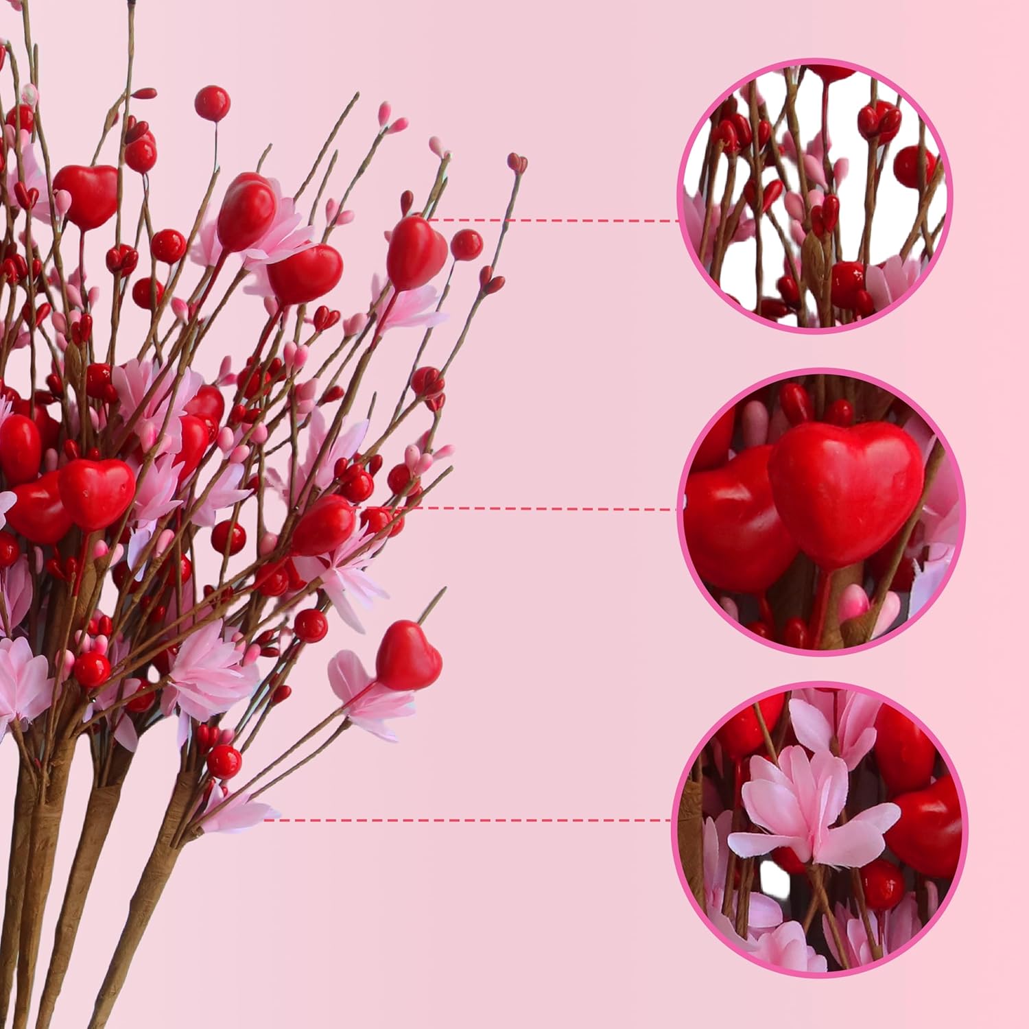 Valentine'S Day Decoration, 12 Pcs Valentines Picks Artificial Red Berry Stems, 17 Inch Valentines Day Picks Pink Heart Shaped Berry Stems Ideal Valentine'S Day Gift For Wife, Girlfriend