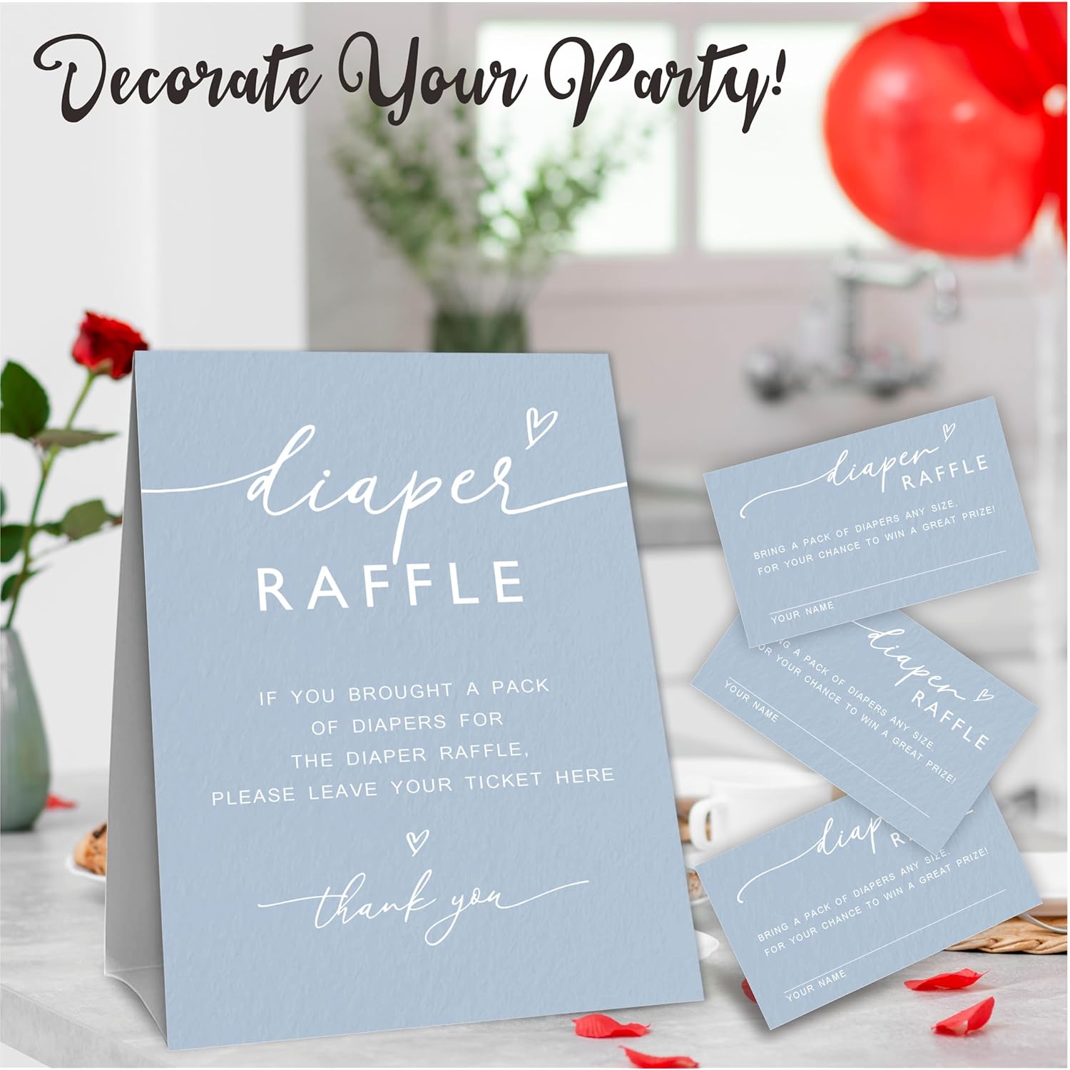 A07 Diaper Raffle Game Kit - 50 Sky Blue Tickets & Standing Sign, Decoration For Baby Shower, Gender Reveal, Party Favor