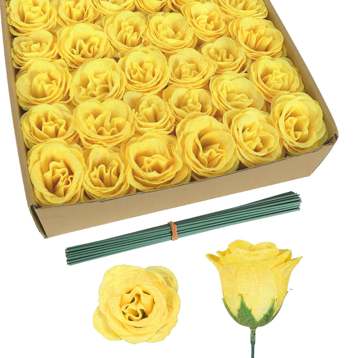 30Pcs Yellow Glitter Roses Artificial Flowers Fake Roses With Stems For Wedding Bouquet Party Christmas Home Decor(Yellow)