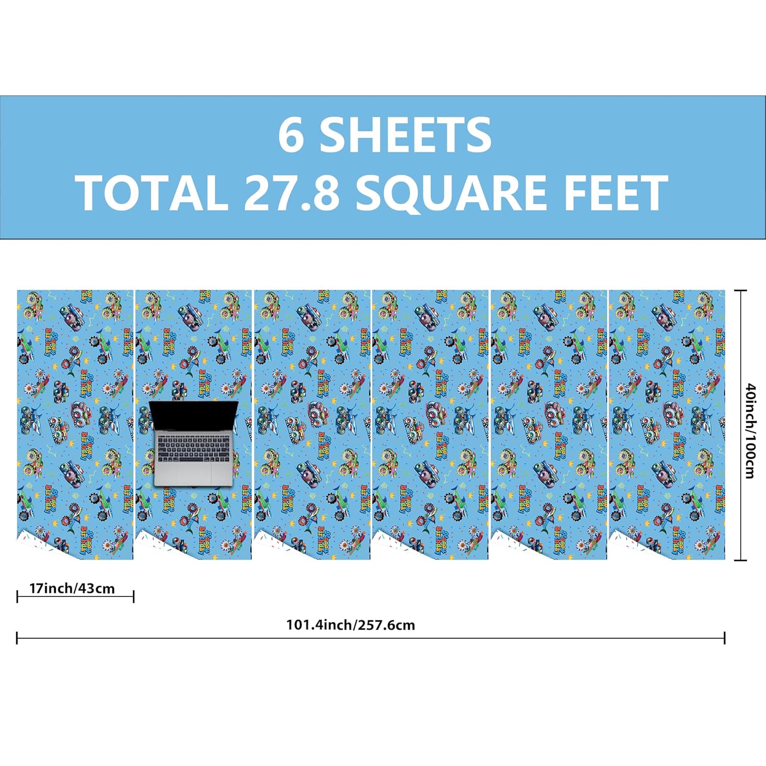 Reversible Monster Truck Birthday Wrapping Paper Roll For Boys Kids - Blue Shark Monster Truck & Colorful Confetti Design Gigt Wrap For Holiday Baby Shower Diy Craft Party - 17 In X 20 Ft(Total 28.5Sq.Ft)