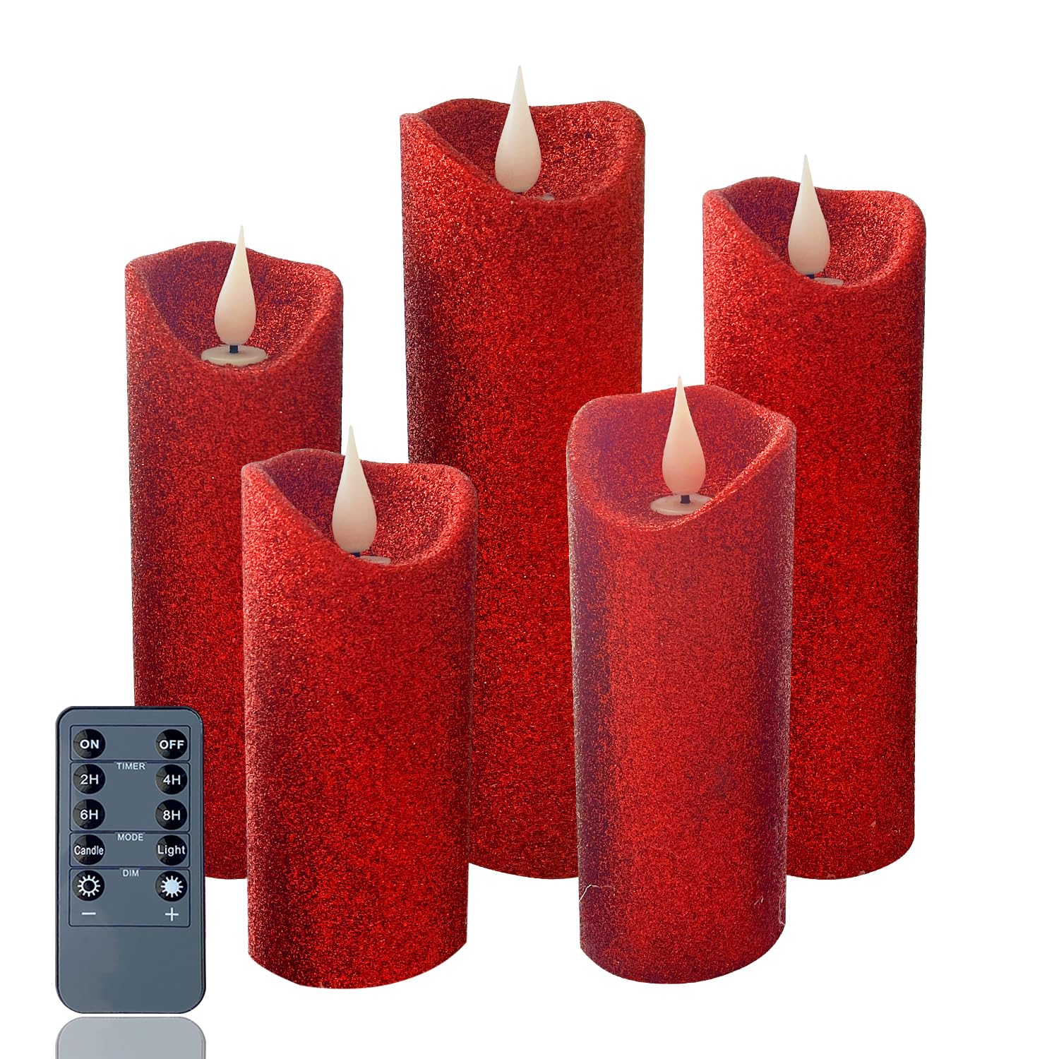 Flameless Candles Flickering Pillar Candles Battery Operated Candles Unscented With Timer And Remote,Set Of 5 Glitter Red Wax Pillar Led Candles