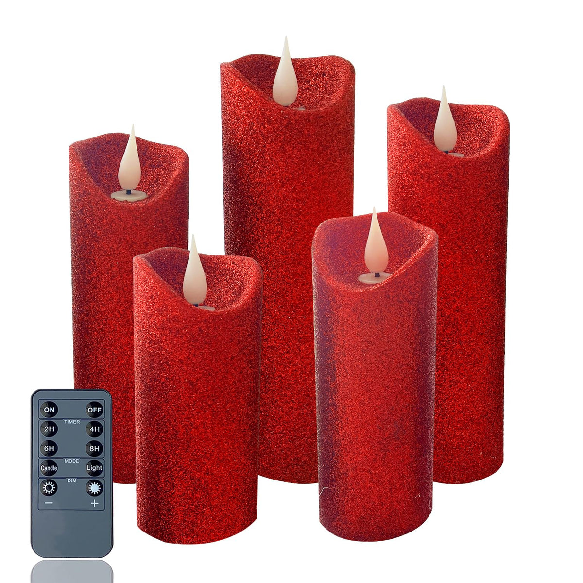Flameless Candles Flickering Pillar Candles Battery Operated Candles Unscented With Timer And Remote,Set Of 5 Glitter Red Wax Pillar Led Candles