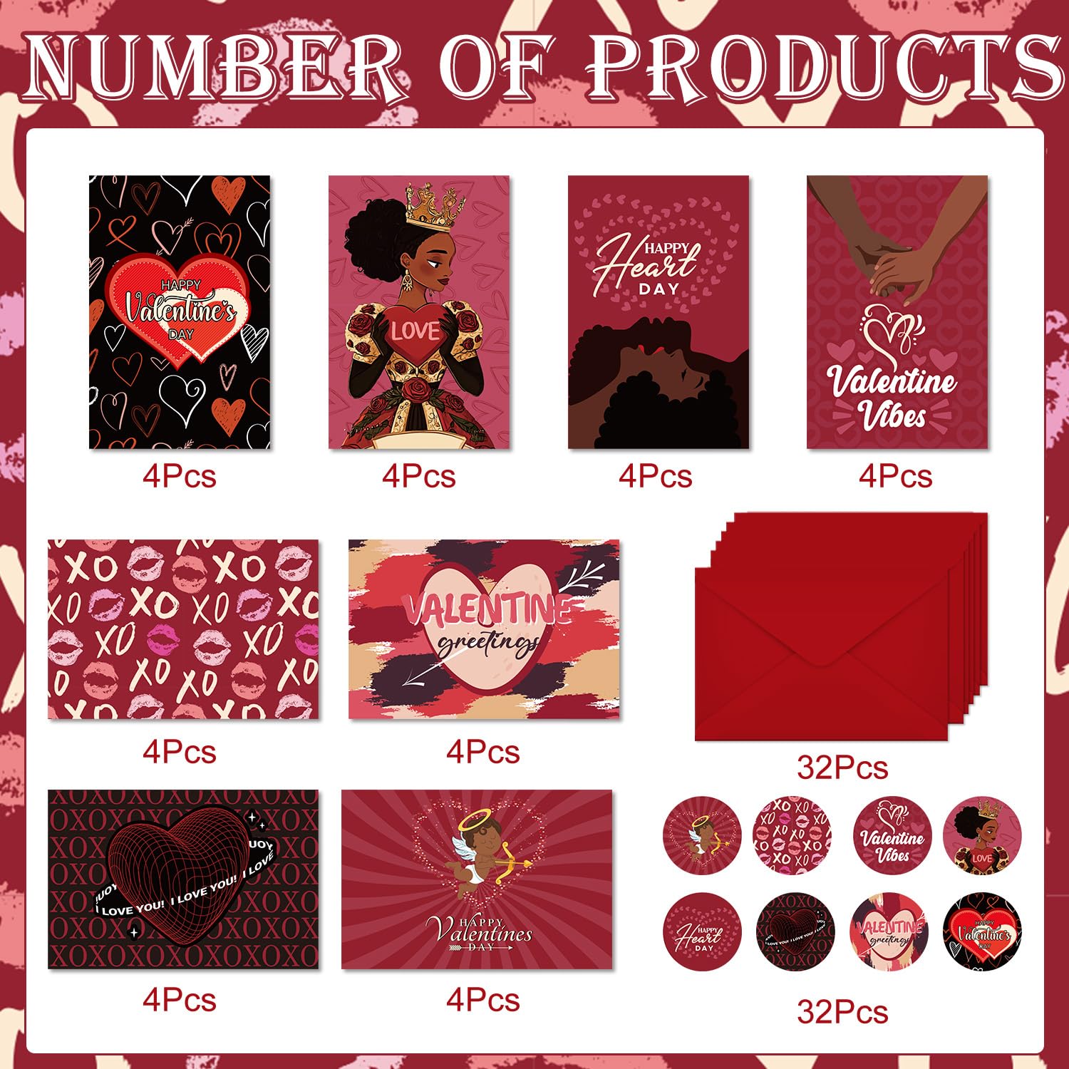 Valentines Day Cards Gifts - 32 Pack African American Valentine'S Day Greeting Cards With Envelopes And Stickers, Black Valentine Love Heart Supplies Gifts For Family Friends Coworkers (Blank Inside)