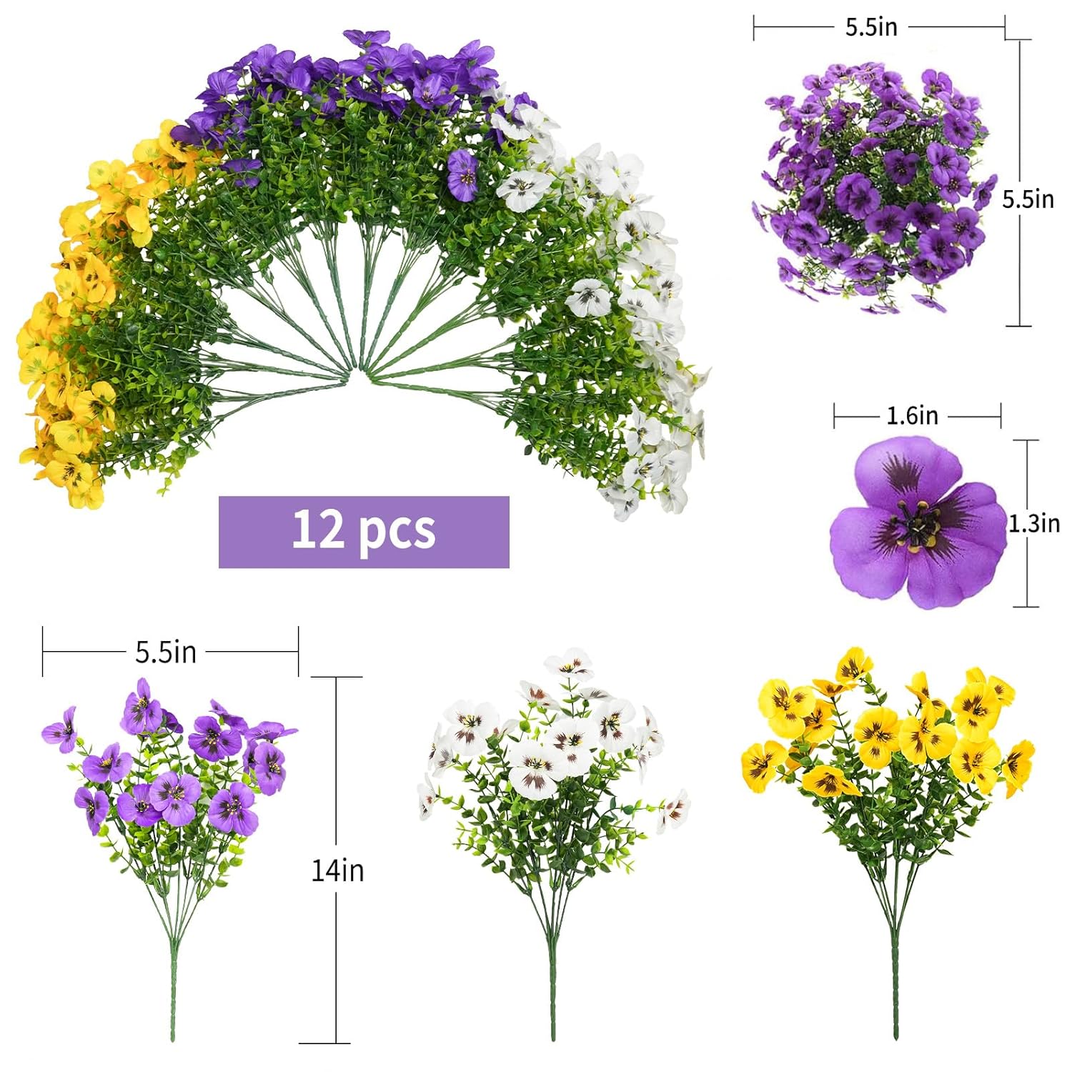 12 Bundles Artificial Flowers For Outdoor, Uv Resistant Fake Pansy Flowers, Silk Faux Fowers For Outdoor Planters Home Garden Office Patio Front Spring Decorations