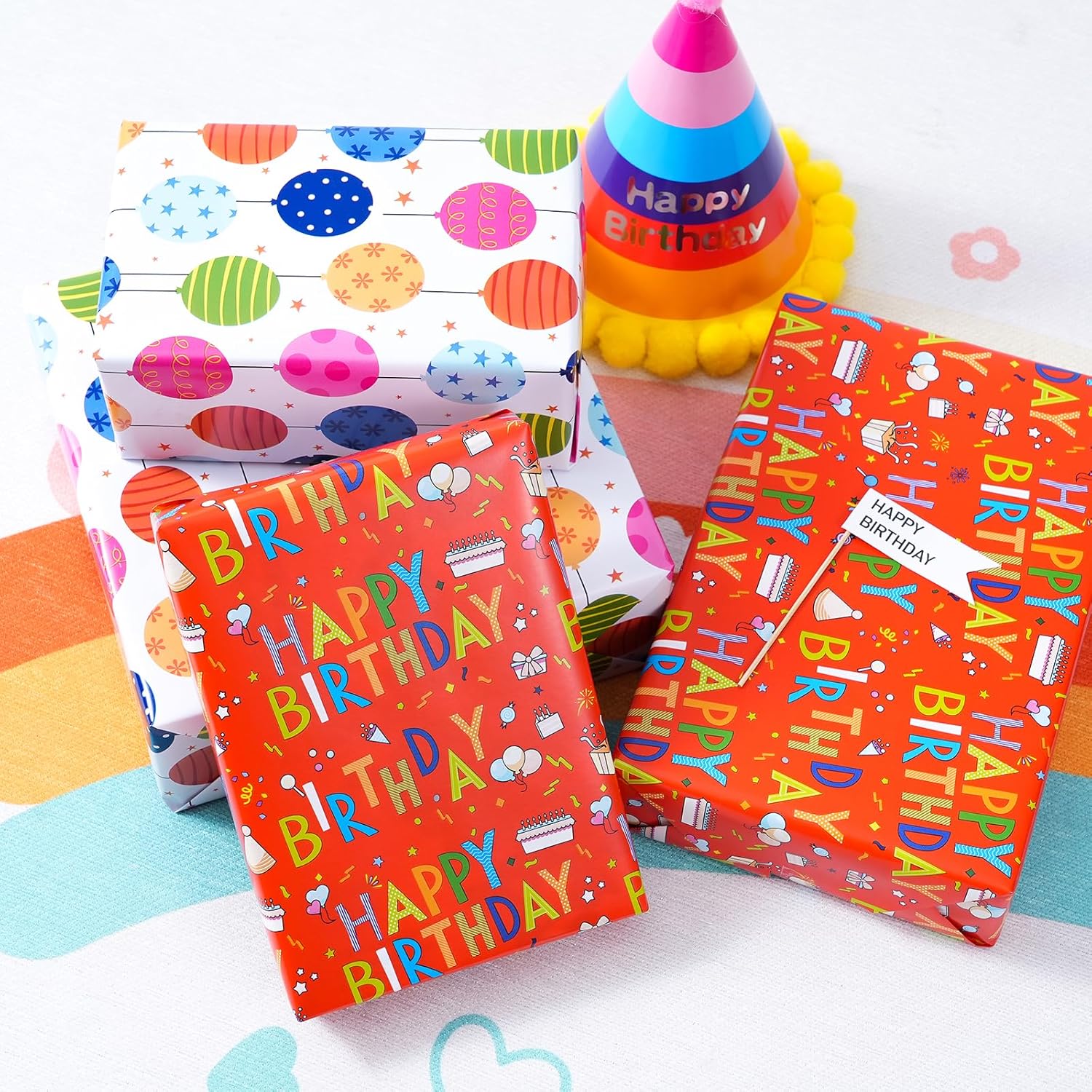 Reversible Birthday Wrapping Paper - Mini Roll - 17 Inches X 33 Feet - For Boys Girls Kids - Happy Birthday Lettering And Colorful Balloons Design For Women Men Baby Shower Holiday