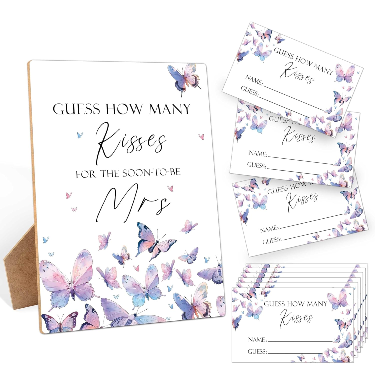 How Many Kisses Bridal Shower Games, How Many Kisses For The Soon To Be Mrs, 1 Wooden Sign With 50 Cards, Butterfly Guessing Game For Wedding, Bachelorette Party Night, Engagement Decoration