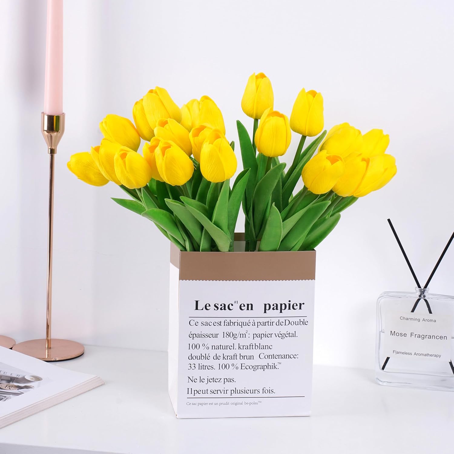 20Pcs Yellow Artificial Tulip Fake Flower 12.9 Inch Spring Mother'S Day Easter Gift For Home Kitchen Wedding Decoration