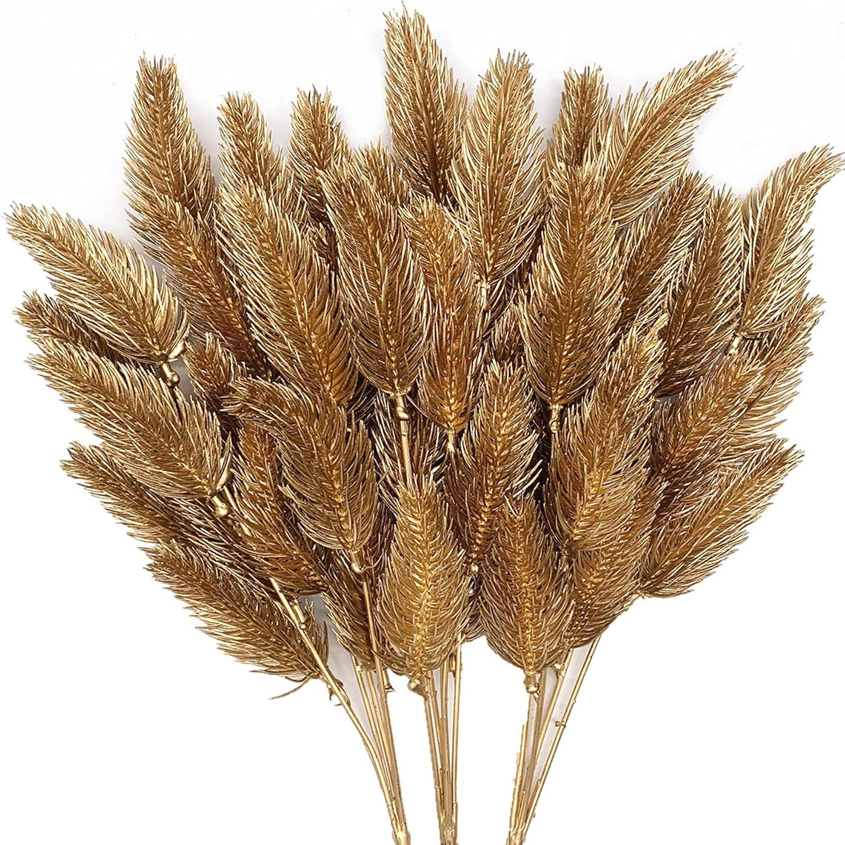 Artificial Gold Plants Plastic Fake Grass Faux Shrubs Simulation Bushes Home Indoor Outdoor Garden Leaves Wedding Festival Decoration Hall Table Planter Filler Pine Cones Golden - 3 Pack