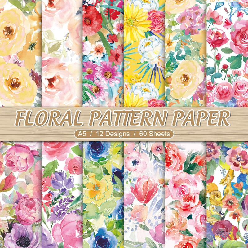 60 Sheet Floral Pattern Paper A5 Size Watercolor Flower Scrapbook Paper Double