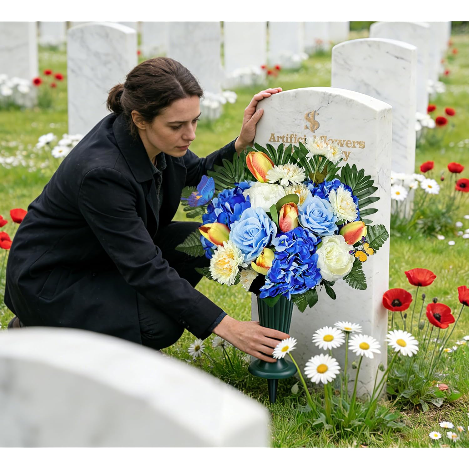 Artificial Cemetery Flowers For Grave,Memorial Flowers Bouquet With Vase For Headstones Decoration,Blue Rose Tulip Hydrangea