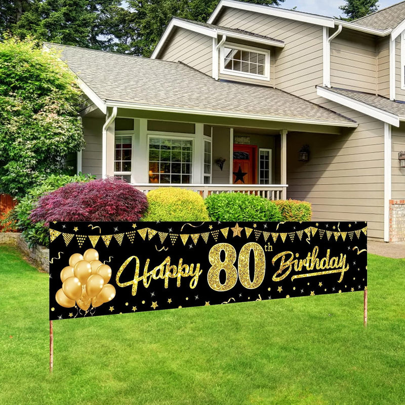 Happy 80Th Birthday Banner Decorations For Women Men, Black Gold 80 Bi