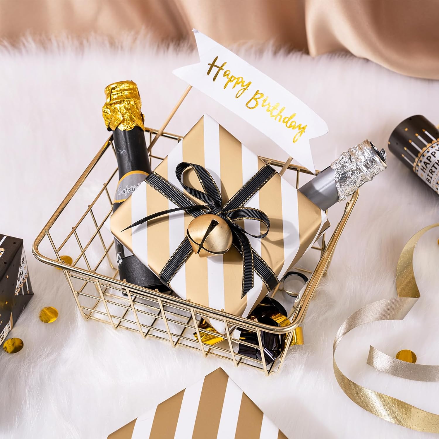 Reversible Birthday Wrapping Paper Roll For Boys Men, Happy Birthday Lettering, Birthday Cake With Metallic Foil & White Gold Stripes For Birthday, Mini Roll, 17 Inches X 32.8 Feet