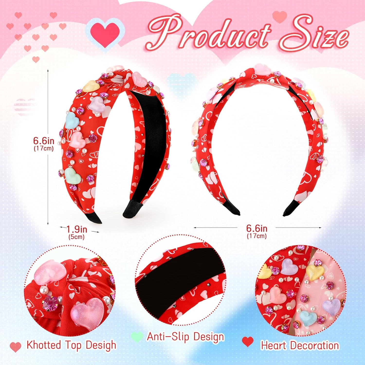 6 Pieces Valentine Headband For Women Heart Knotted Headband Wide Top Pearl Love Hairband For Valentine Holiday Hair Accessories Gifts (Red,Pink)