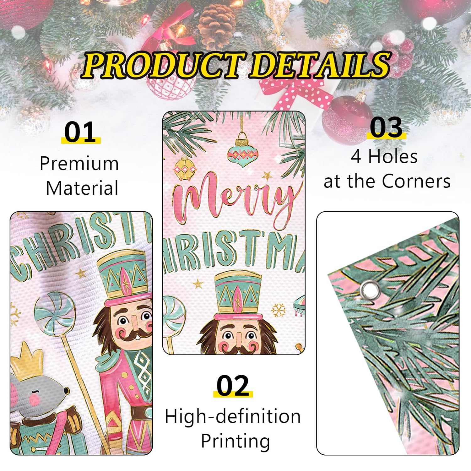Merry Christmas Nutcracker Door Cover Decorations, Pink Xmas Tree Front Door Banner Background, Winter Holiday Party Indoor Outdoor Home Decor 3 X 6 Ft