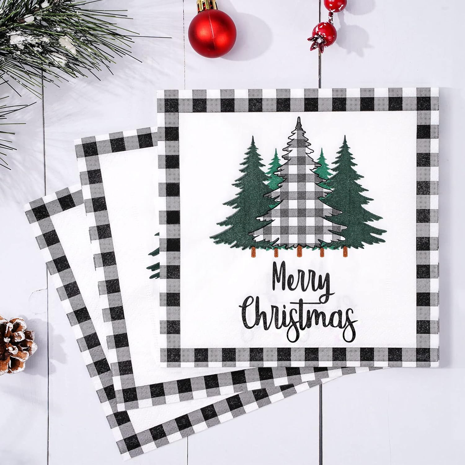 80 Pack Christmas Napkins Paper Xmas Tree Black White Buffalo Plaid Edge Pattern Disposable Napkins 6.5 Inch Merry Christmas Cocktail Napkins For Xmas Party Winter Holiday Dinner Supplies