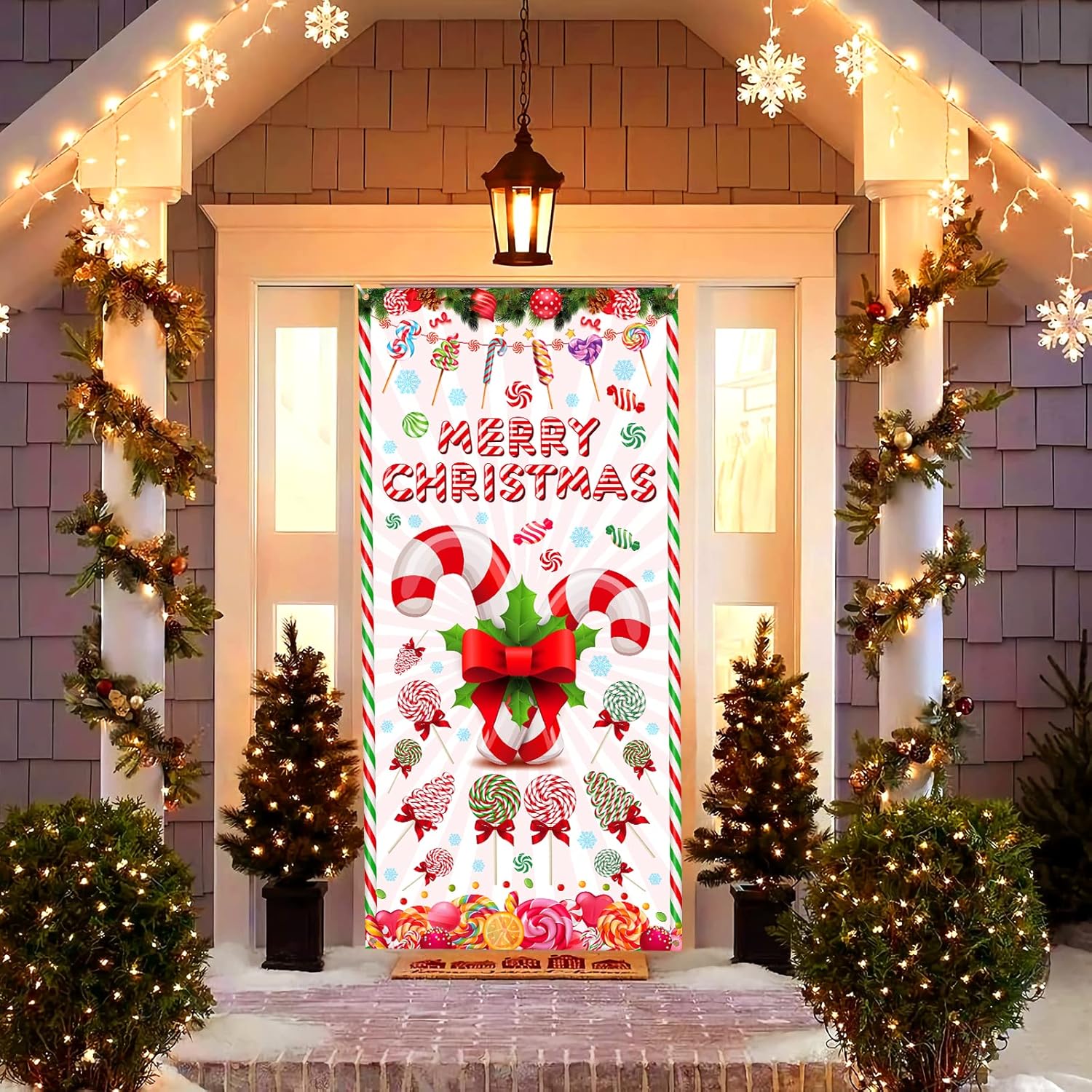 Merry Christmas Peppermint Candy Cane Themed Lollipop Door Hanging Banner For Xmas Party Indoor/Outdoor Wall Decor