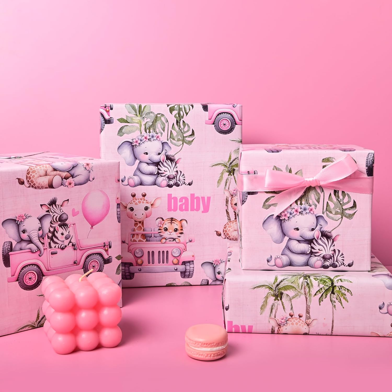 Baby Shower Wrapping Paper Roll - Pink Woodland Animals Truck Design Gift Wrap Sheets For Kids Boys Girls Baby Shower Party Decoration Celebration Total 28.5Sq.Ft
