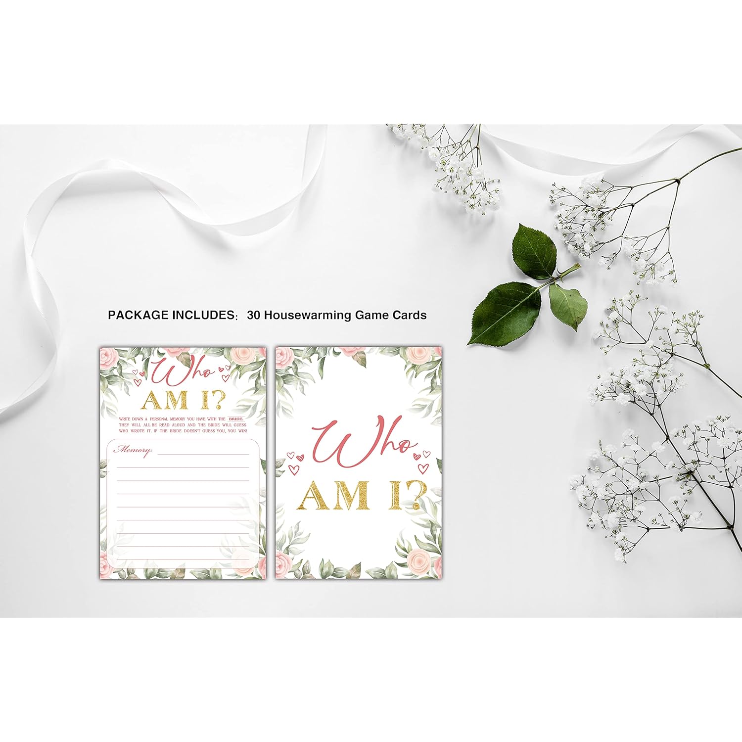 Bridal Shower Games - Who Am I Wedding Party Game - Boho Floral Greenery Bachelorette/Engagement Party Supplies Activities - Pack Of 30 Game Cards (A14)