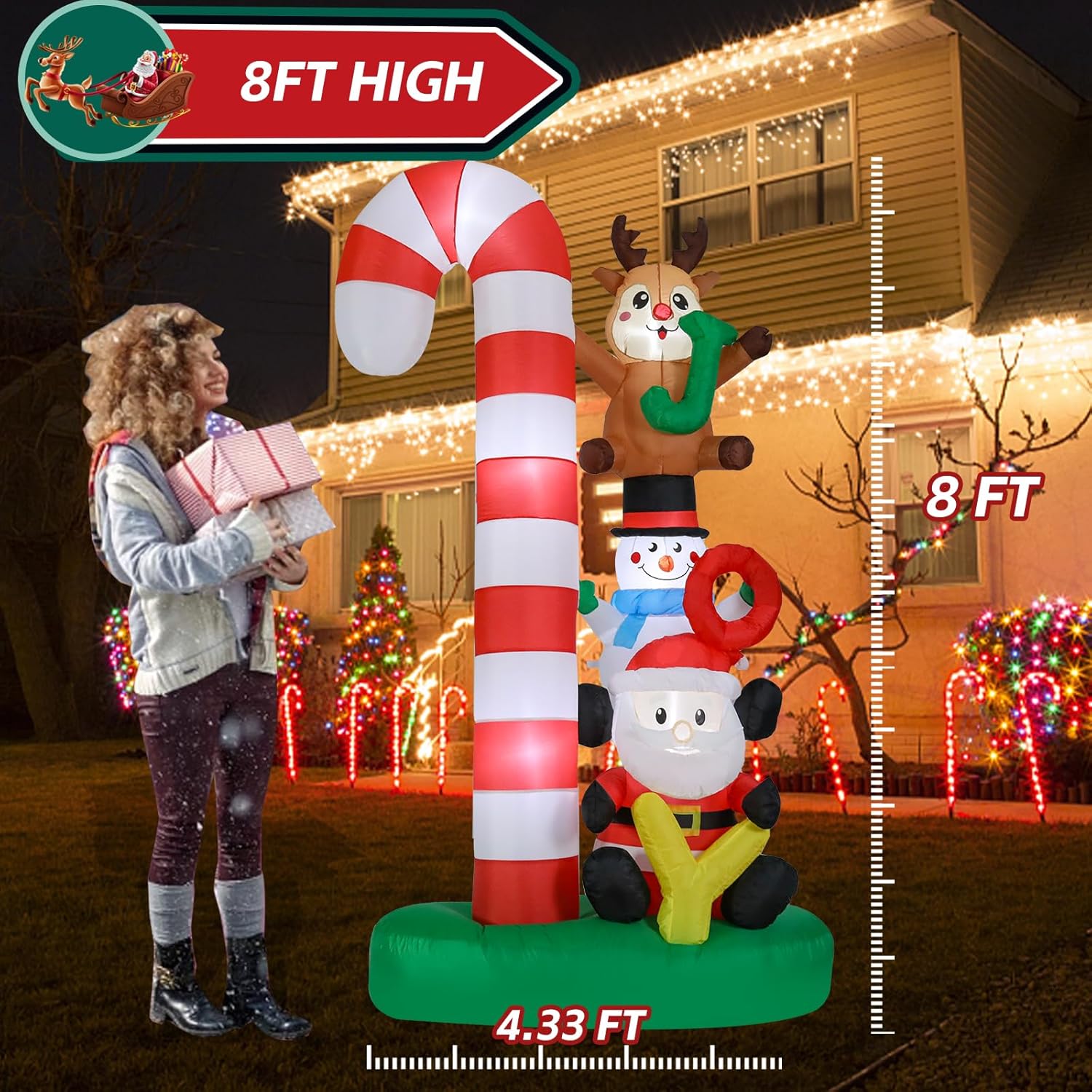 Christmas Inflatables Outdoor Decoration 8 Ft Santa Claus Joy Reindeer Snowman Candy Cane Inflatable With Led Light Chri