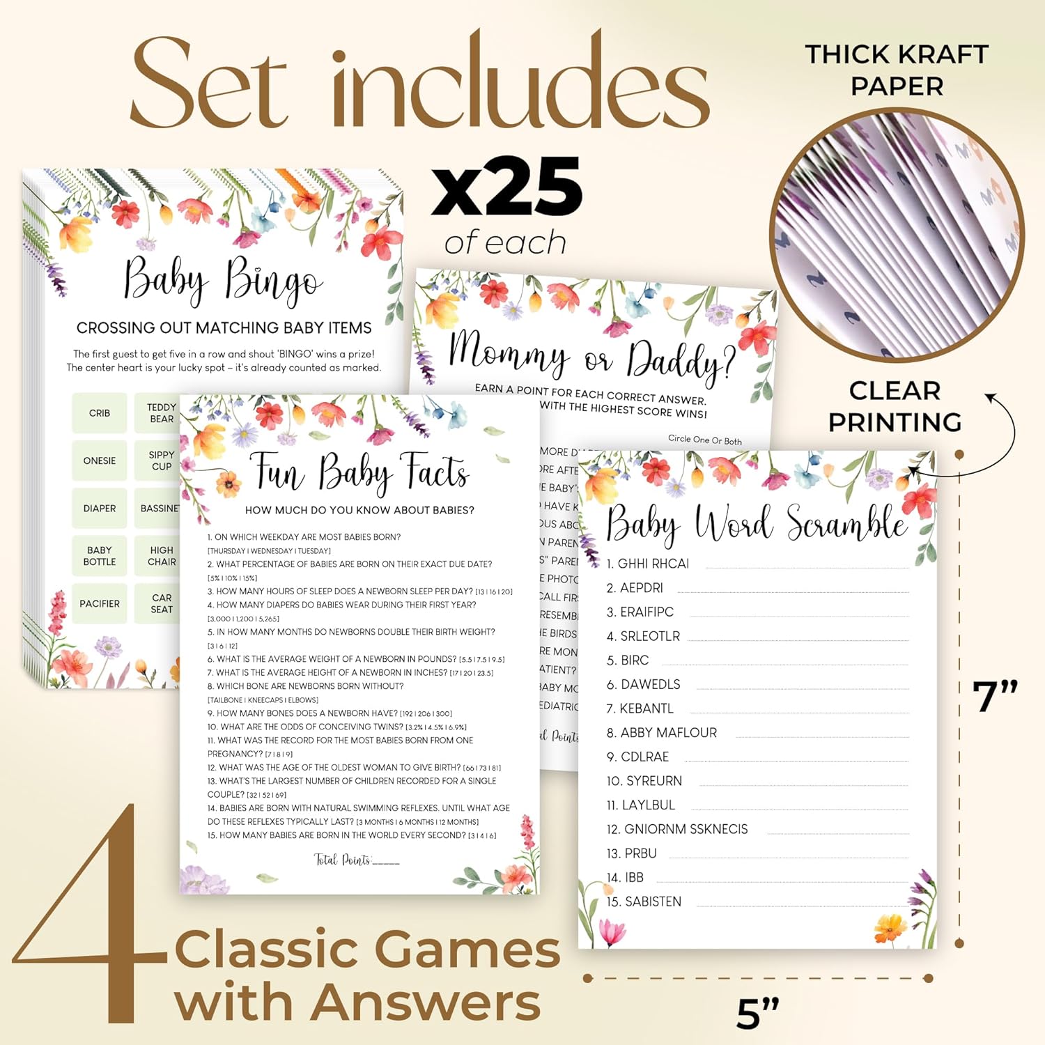 Wildflower Baby Shower Games For Girl - Fun Bingo Game Girls, Hilarious Word Scramble, Floral Baby Shower Girl Games, Mommy Or Daddy Game, Baby In Bloom Decorations