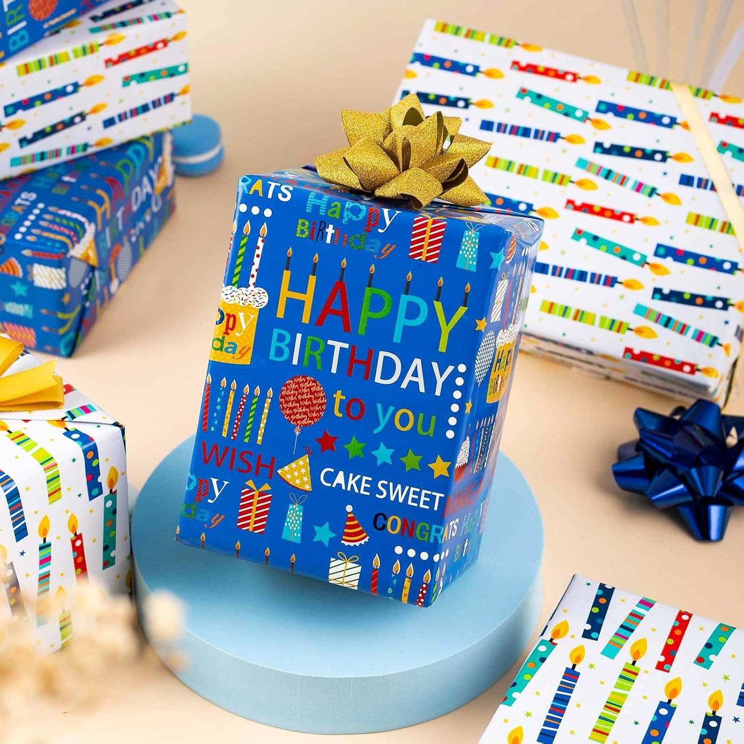 Blue Birthday Wrapping Paper Roll - Happy Birthday Lettering & Colorful Candles, Reversible Design For Boy Baby Shower, Party - Mini Roll - 17 Inch X 33 Feet