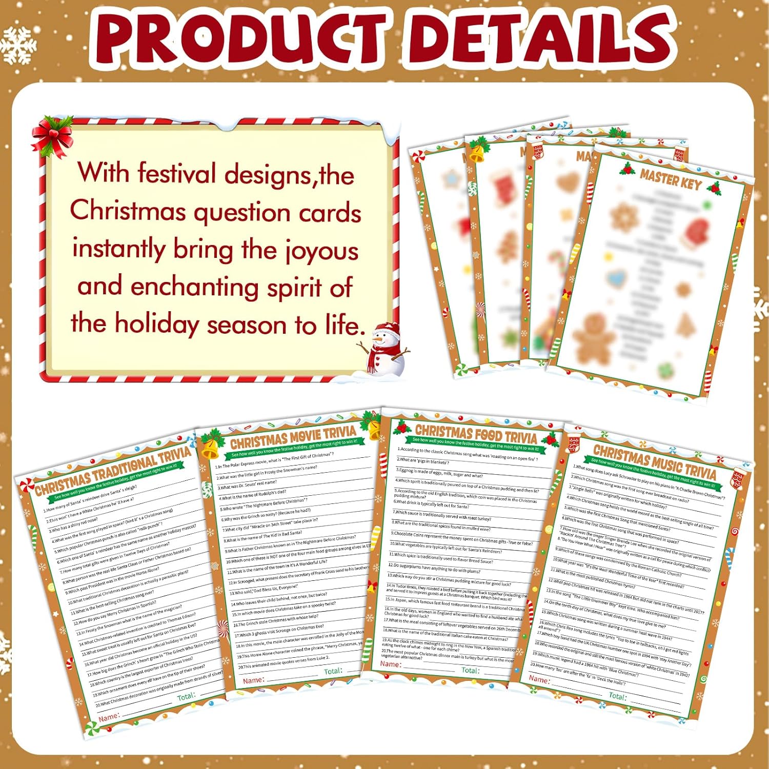 104Pcs Christmas Party Trivia Game Cards Xmas Festival Guessing Activity Christmas Question And Answer Cards For Adults Family Friends Coworkers Groups Winter Holiday Party Supplies (Gingerbread)