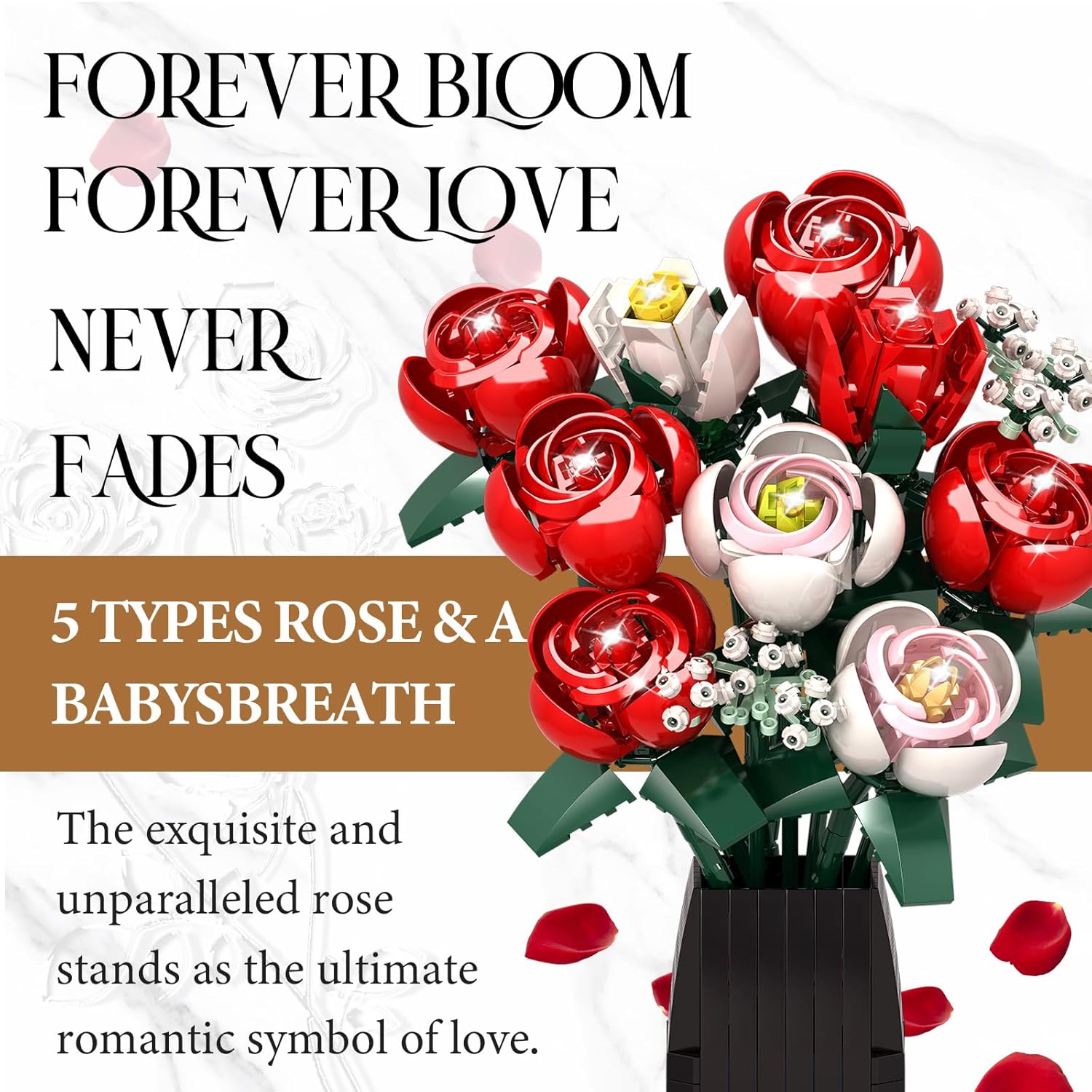 Roses Flowers Bouquet Building Set For Adults With Vase, Red Rose Artificial Flower Botanical Collection Plant Toy Kit, For Her Women Wife Mom, Home Decor(841Pcs)