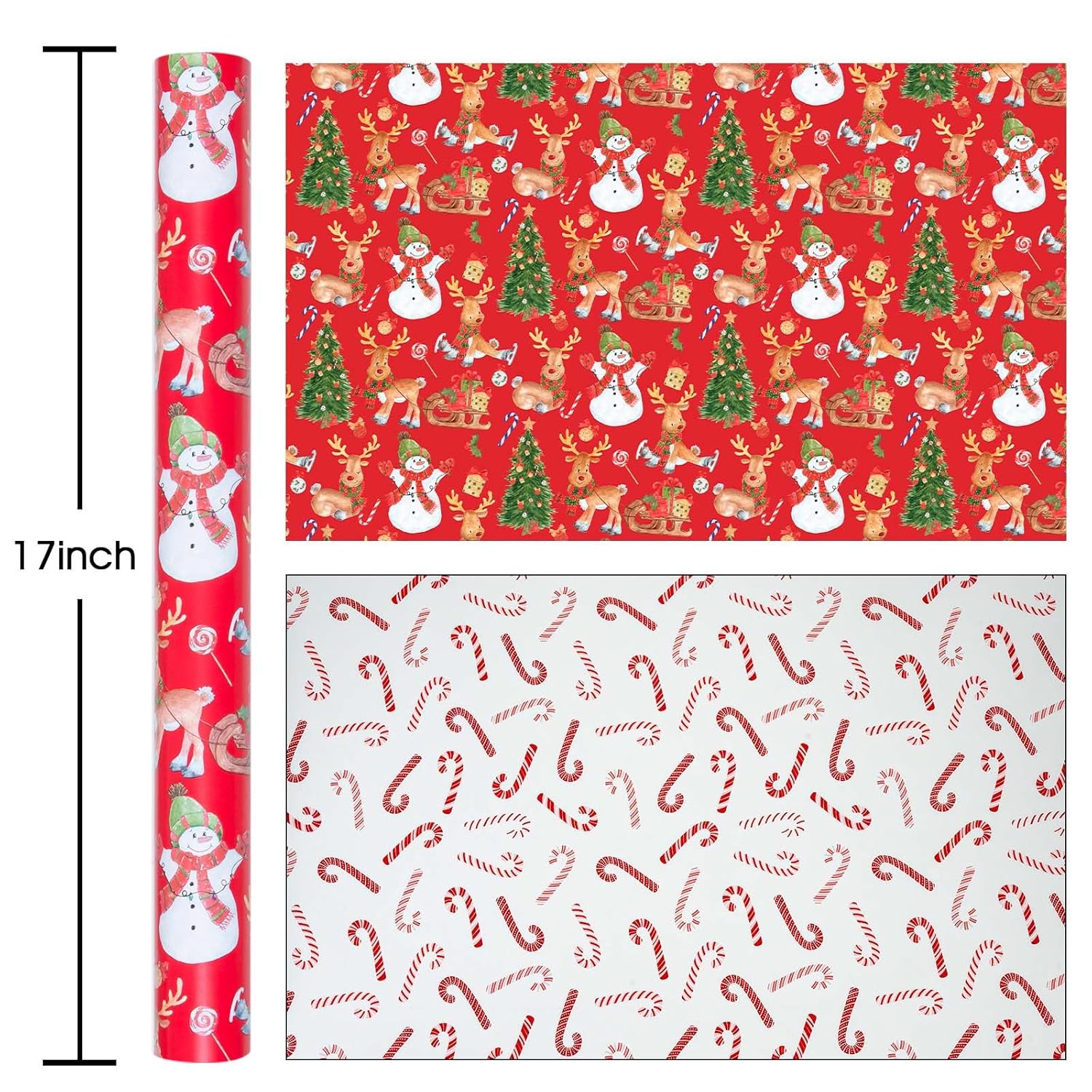Red Christmas Wrapping Paper Roll - Mini Roll - Reversible Gift Wrap With Reindeer, Snowmen, Candy Cane And Christmas Trees - Perfect For Winter- 17 Inch X 33 Feet