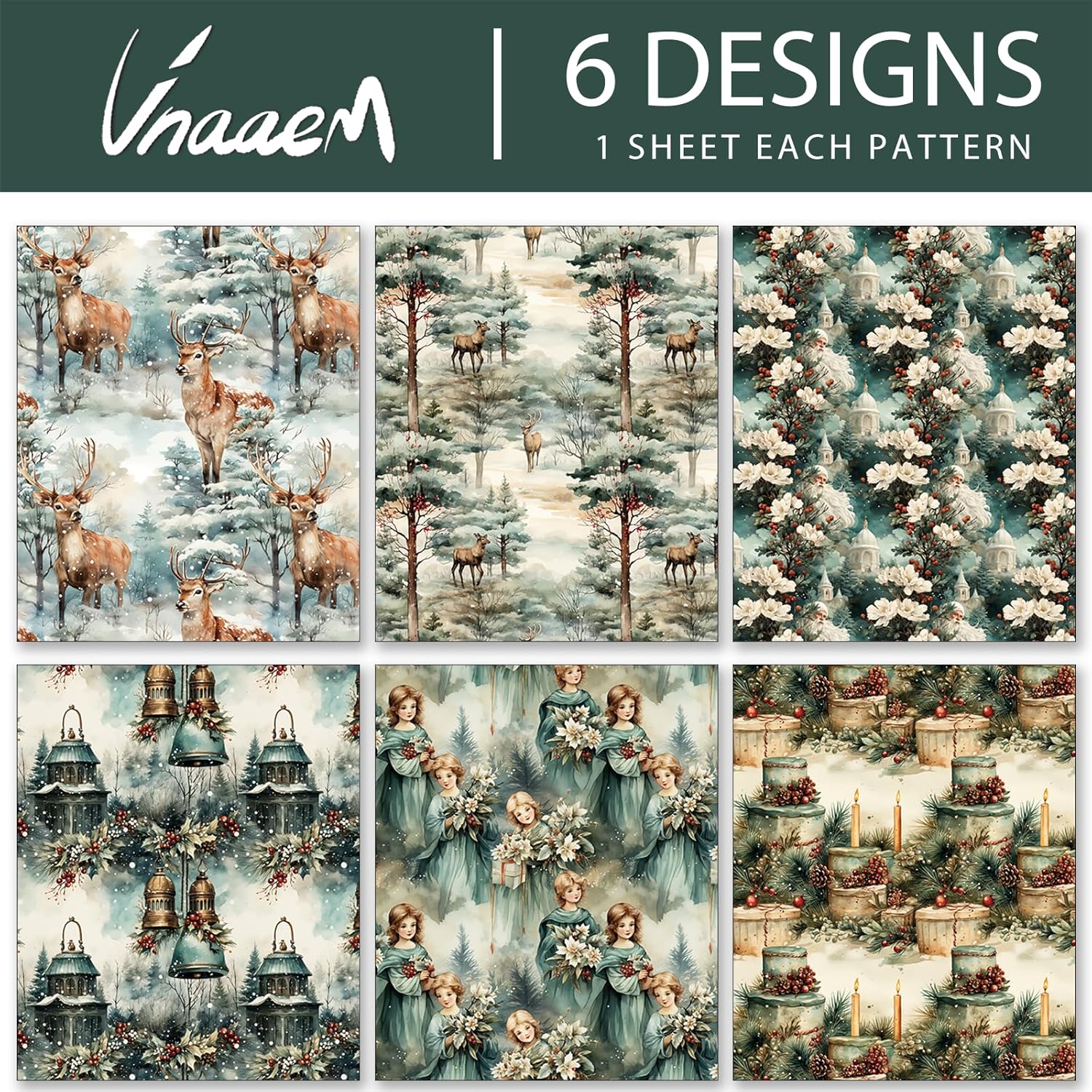 Watercolor Christmas Wrapping Paper 6 Style Reindeer Santa Forest And Flower Holiday Style Gift Wrap For Winter Party Vacation Baby Shower - 20 X 28 Inches 6 Folded Sheets