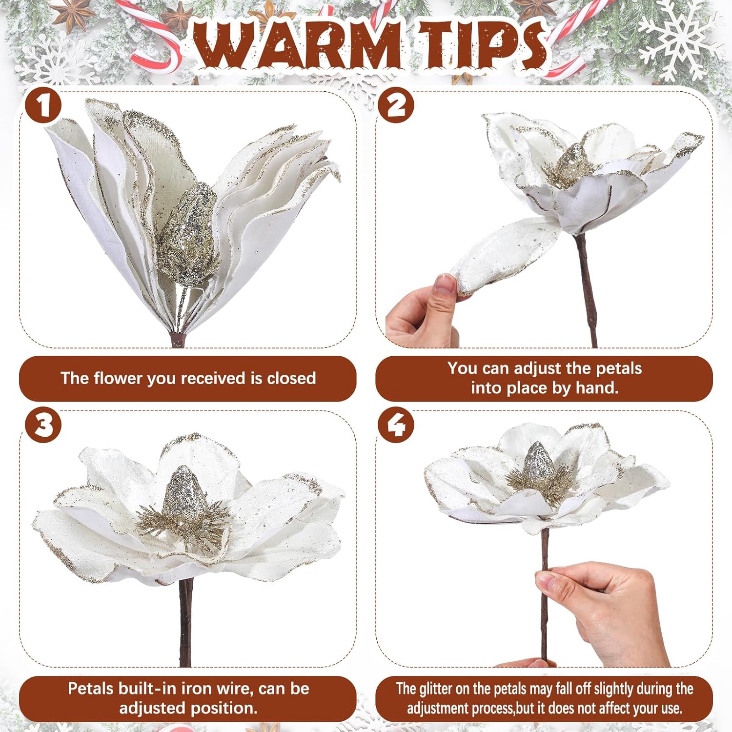 15 Pcs Christmas Magnolia Flowers Tree Ornaments Velvet Poinsettia Burgundy Artificial Light Brown Dark Green Beige Glitter Floral Picks Stems For Tree Xmas Centerpiece Decoration Wedding