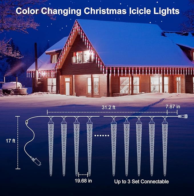 32.8FT Smart Color Changing Icicle Lights 100 LED 20 Tube Waterproof Connectable Outdoor Christmas Lights