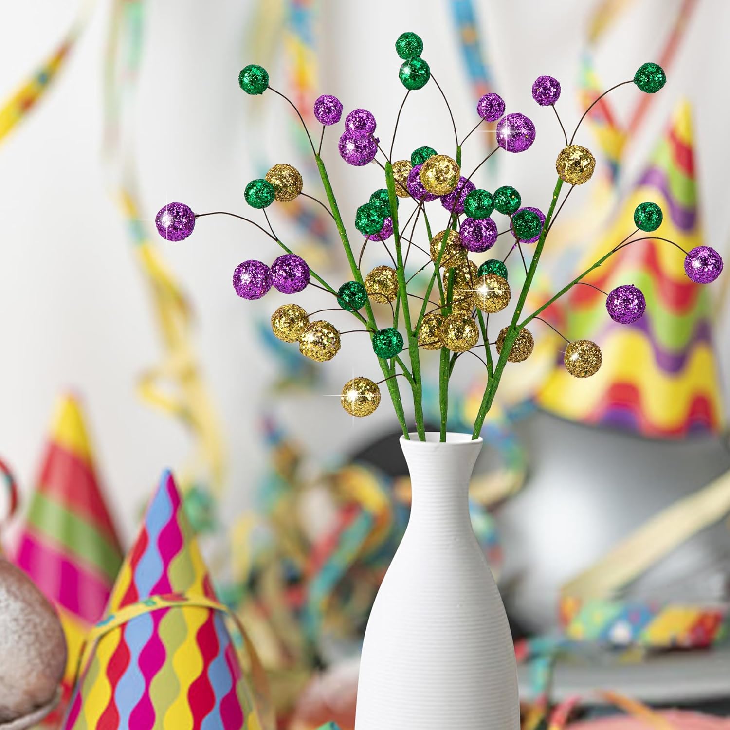 4 Pack 15" Large Mardi Gras Ball Centerpiece Stems, Mardi Gras Artificial Glitter Berry Stems Ornaments, Shiny Purple Gold Green Berry Branches Twigs Picks Sprays For Carnival Party Home Decor