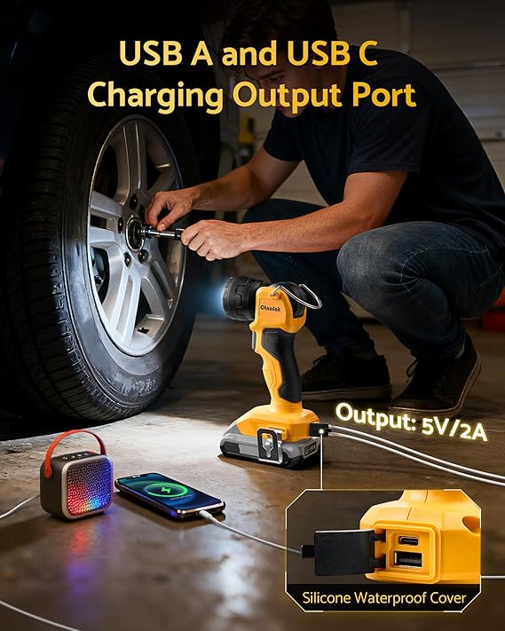 Cordless LED Work Light Compatible with Dewalt 20V MAX Battery Portable Flashlight with USB Ports Pivoting Head