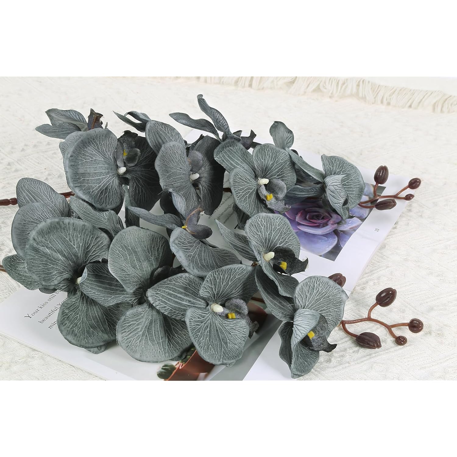 41In Artificial Orchids Fake Orchid 6Pcs Velvet Silk Orchids That Look Real Long Stem Artificial Flowers For Tall Vase For Home Party Fall Halloween Décor (Gray)