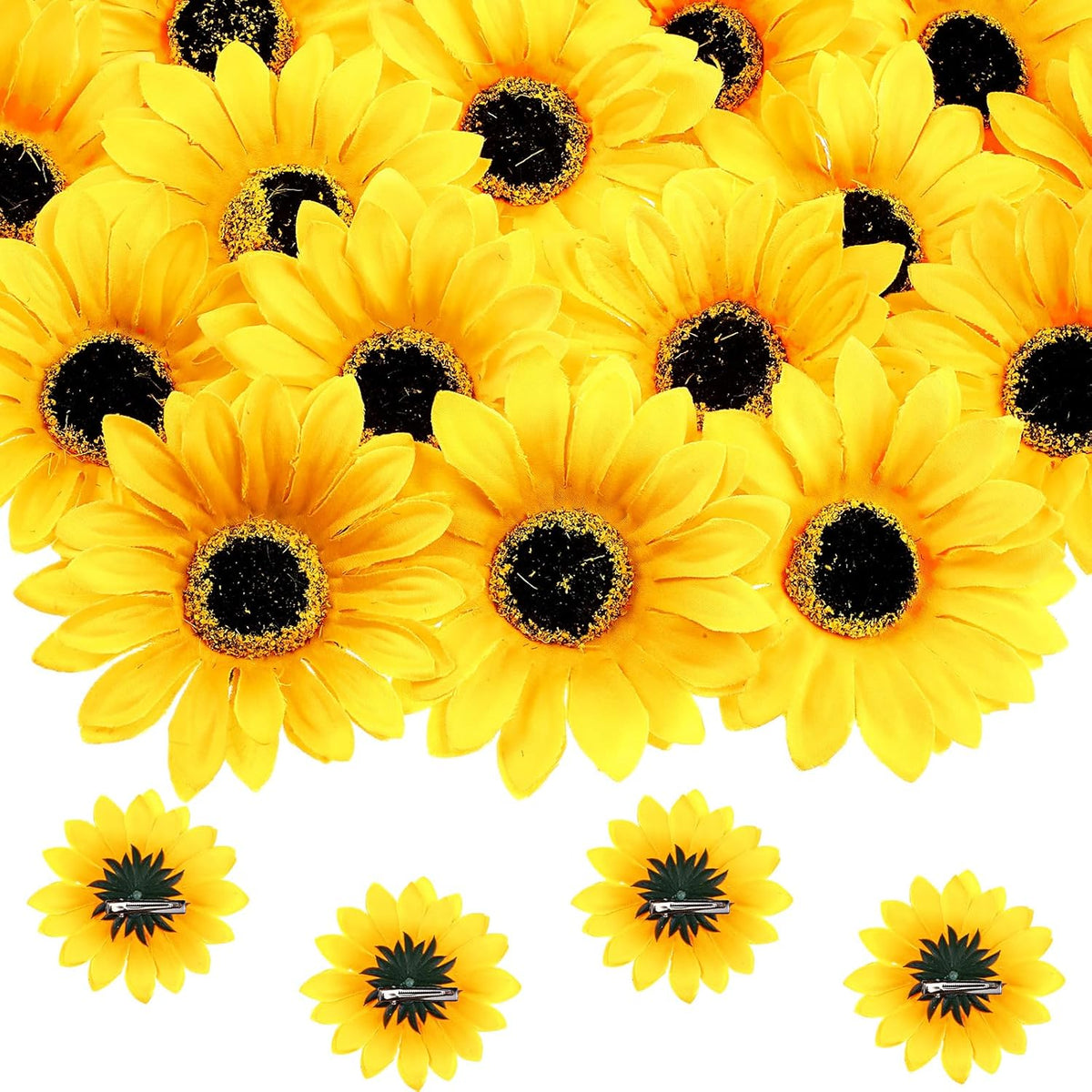 Clip On Fake Sunflowers, Artificial Sunflower Heads With Clips, Faux Silk Sunflower, Yellow Flowers Head For Christmas Tree Wedding Bouquets Diy Craft Decor(3.7 In, 50 Pieces)