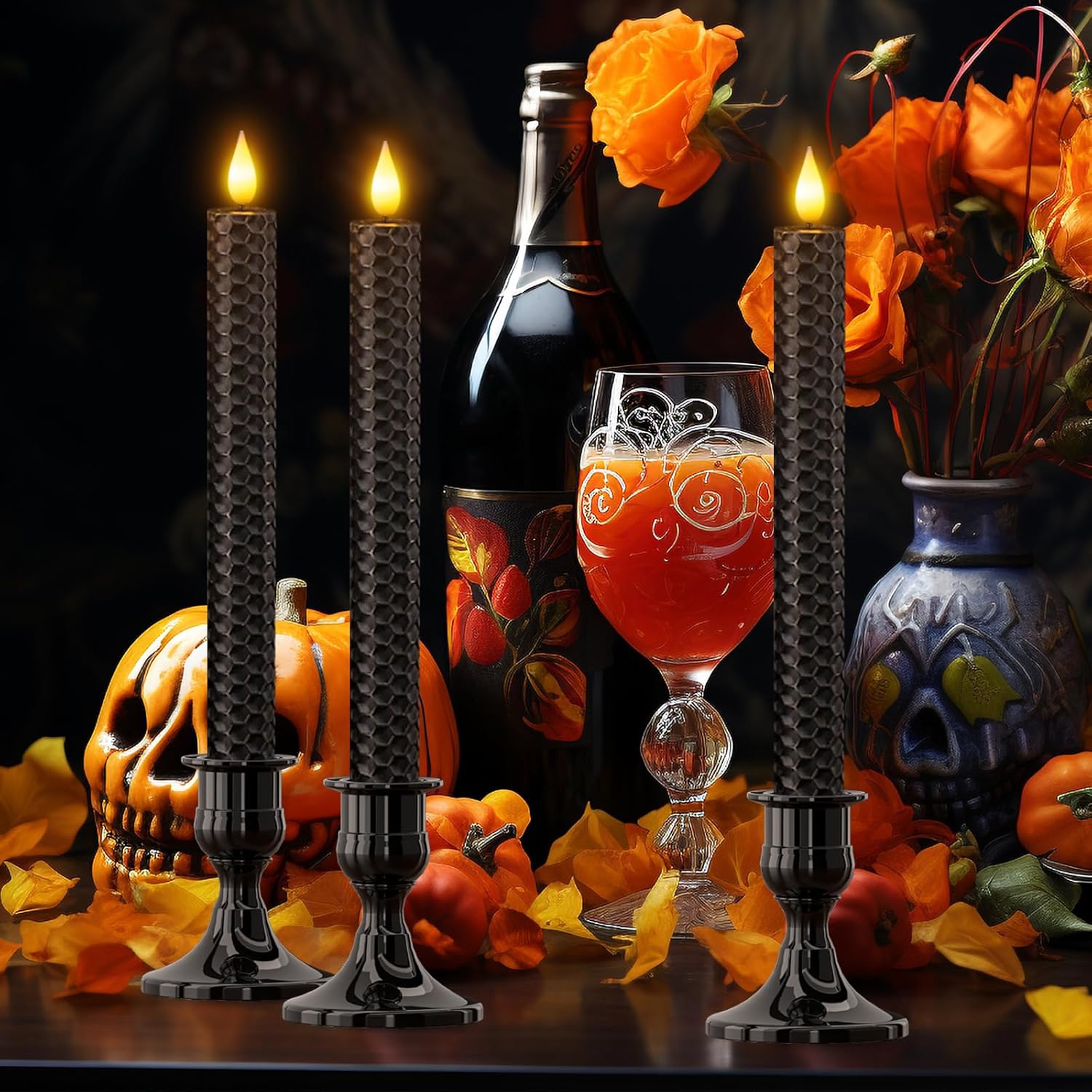 Black Flameless Taper Candles, 9.7” Real Wax Window Candles Battery Operated With Remote & Timer, Honeycomb Led Candlesticks Flickering For Room Home Christmas Valentine'S Day Decor, 6Pcs